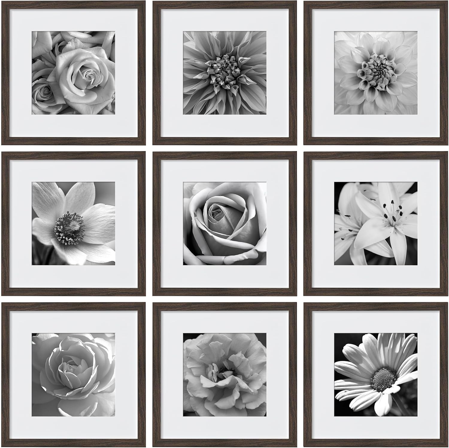 eletecpro 12x12 Picture Frames Set of 9 with Mat for 8x8 Photos or without Mat for 12x12, Square Gallery Wall Decor Collage for Picture Display, Black Frame Set for Wall Hanging