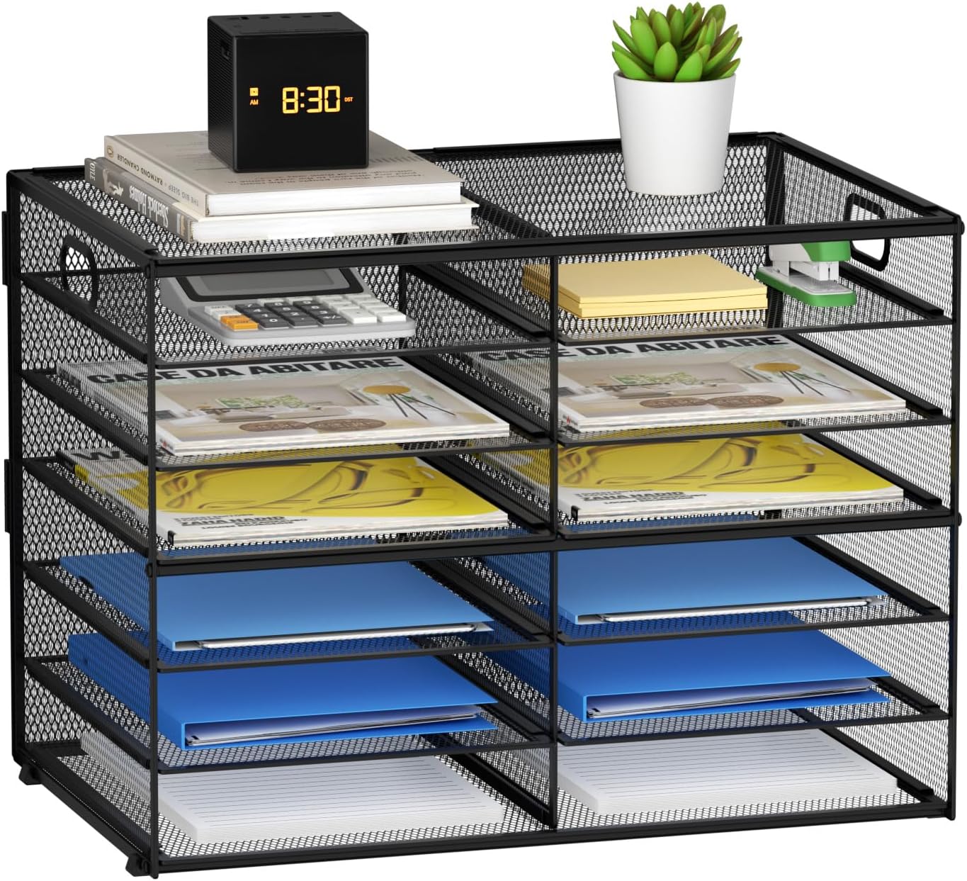 Lavatino 14 Compartments Paper Organizer for Desk, Mesh Literature Organizer, Mail File Sorter Tray with Handle, Desktop Mailbox for Office Classroom Home, Black