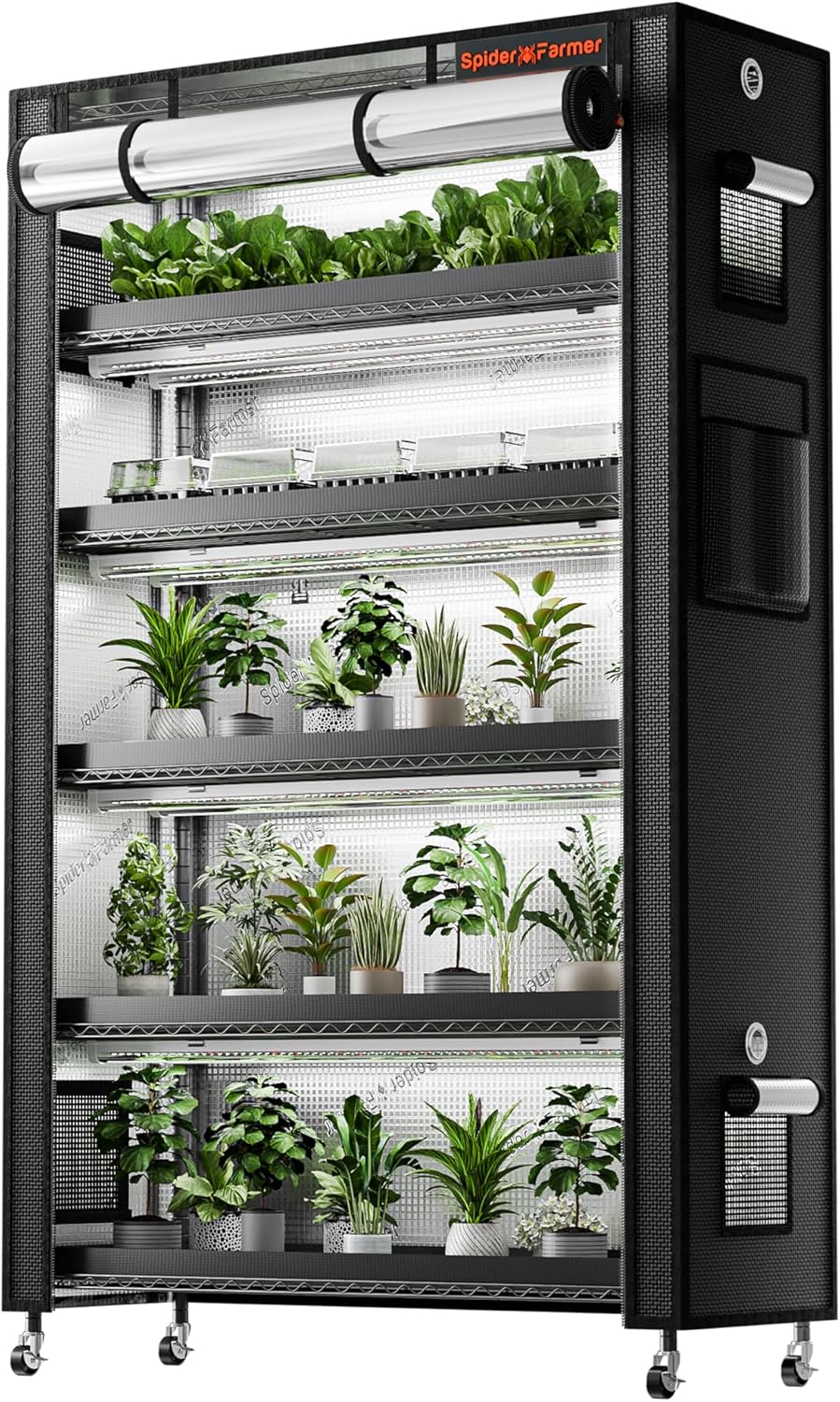 Spider Farmer 2025 Plant Stand with Grow Lights, 4-Tier Plant Shelf with 6Pcs 2ft Full Spectrum LED Lamp and Grow Tent, for Veg Seed Starting Plants Growth Greenhouse 28Lx14Dx59H (Update)