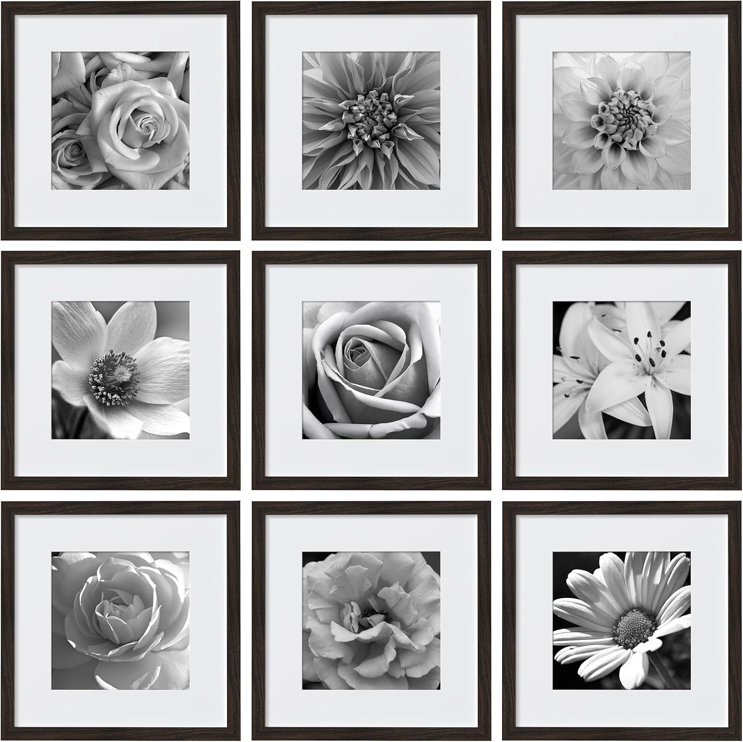eletecpro 12x12 Picture Frames Set of 9 with Mat for 8x8 Photos or without Mat for 12x12, Square Gallery Wall Decor Collage for Picture Display, Black Frame Set for Wall Hanging