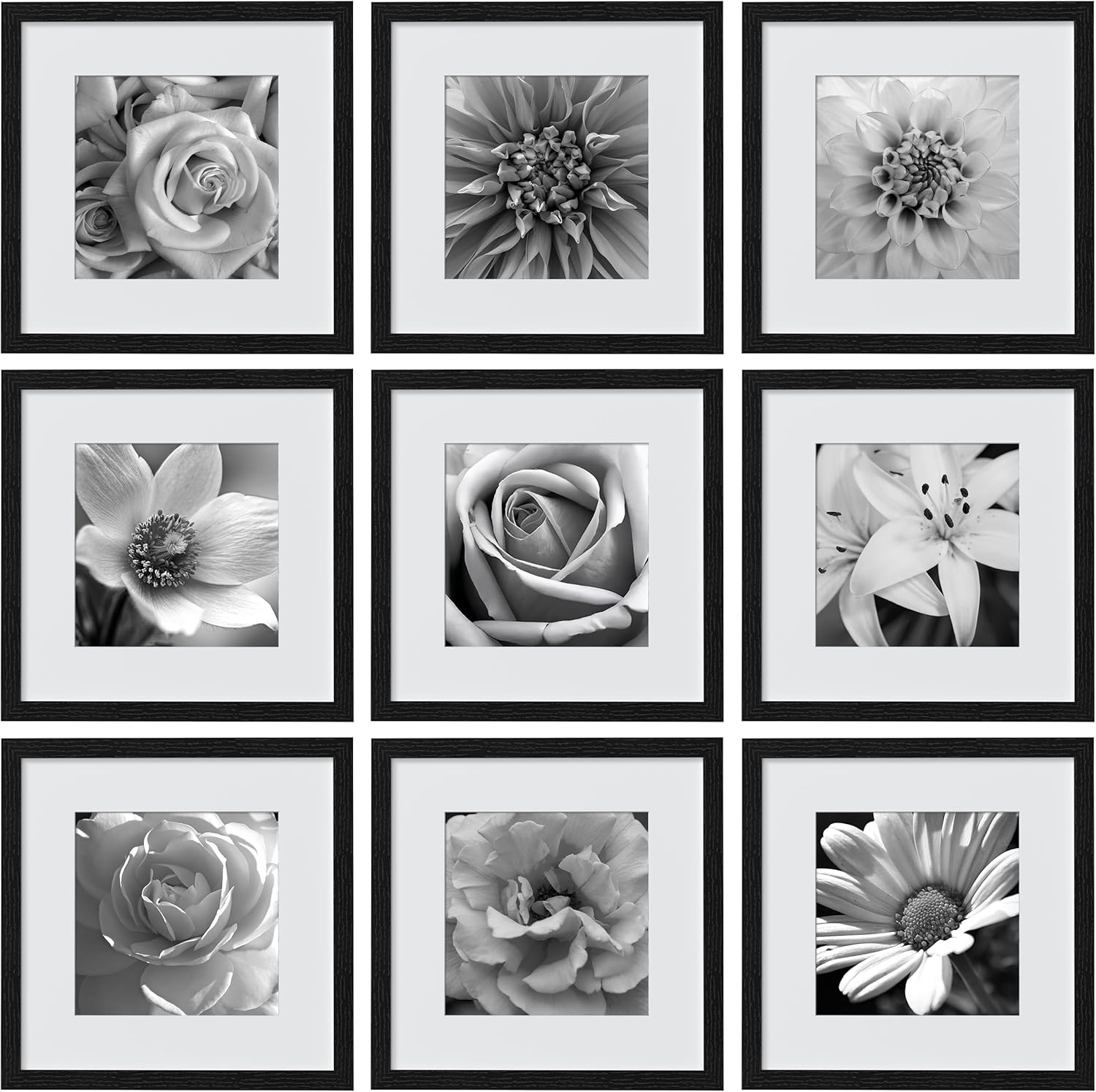 eletecpro 12x12 Picture Frames Set of 9 with Mat for 8x8 Photos or without Mat for 12x12, Square Gallery Wall Decor Collage for Picture Display, Black Frame Set for Wall Hanging