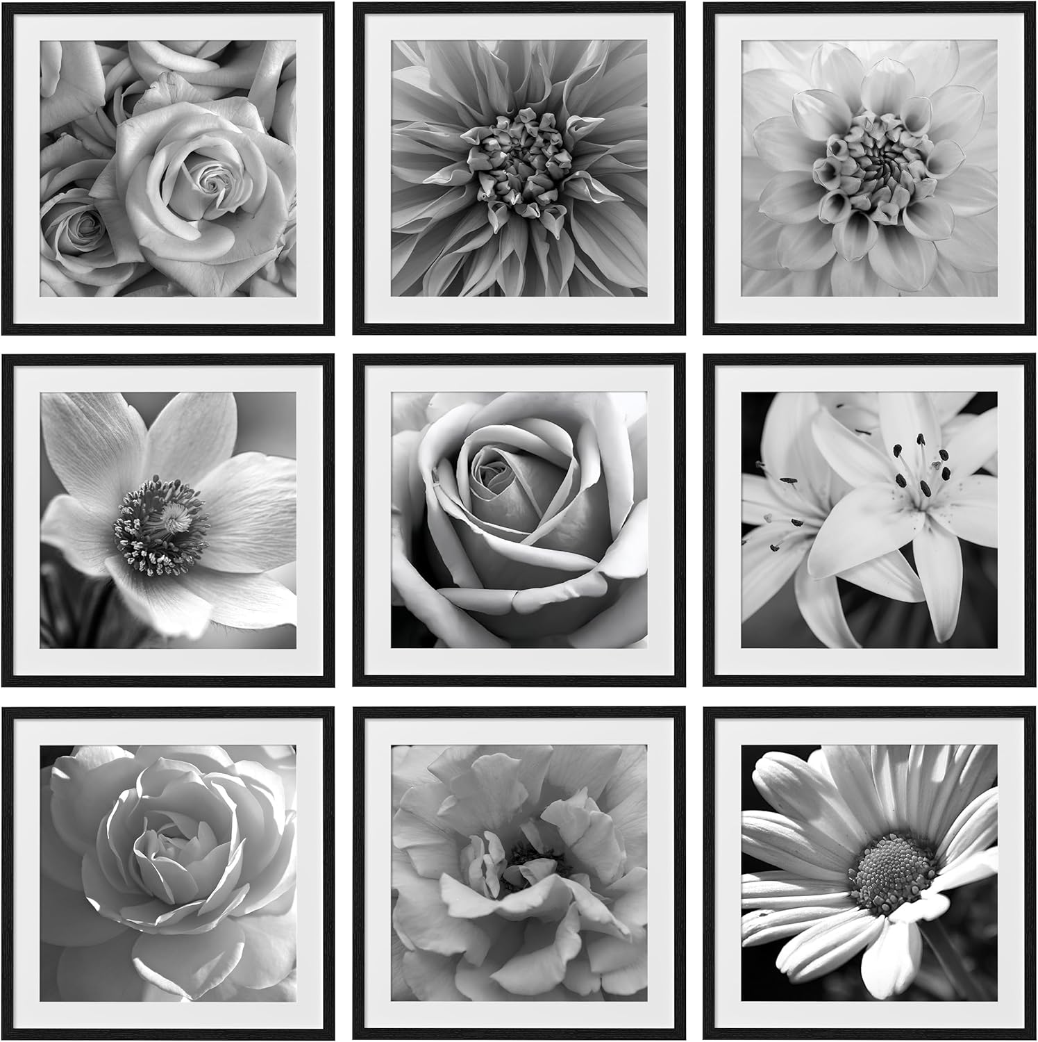 eletecpro 12x12 Picture Frames Set of 9 with Mat for 8x8 Photos or without Mat for 12x12, Square Gallery Wall Decor Collage for Picture Display, Black Frame Set for Wall Hanging