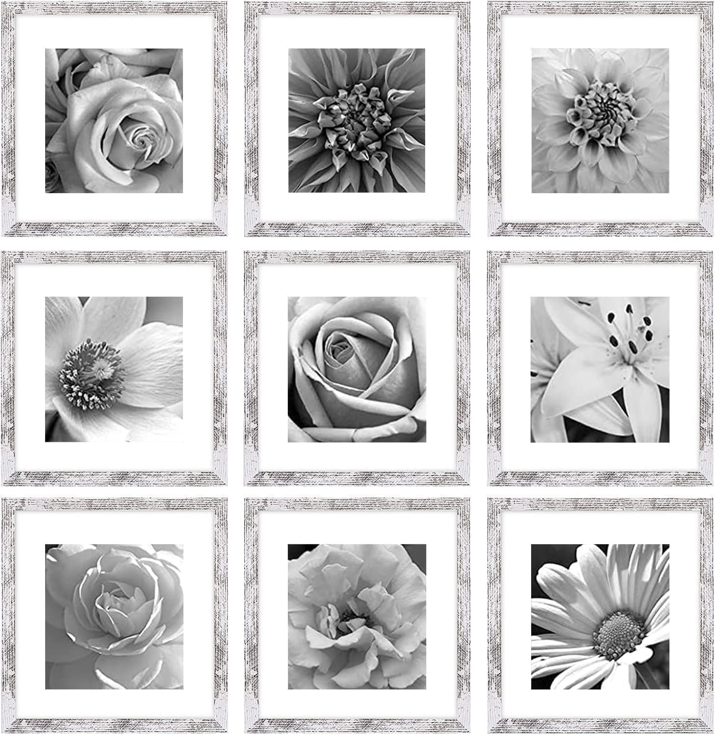 eletecpro 12x12 Picture Frames Set of 9 with Mat for 8x8 Photos or without Mat for 12x12, Square Gallery Wall Decor Collage for Picture Display, Black Frame Set for Wall Hanging