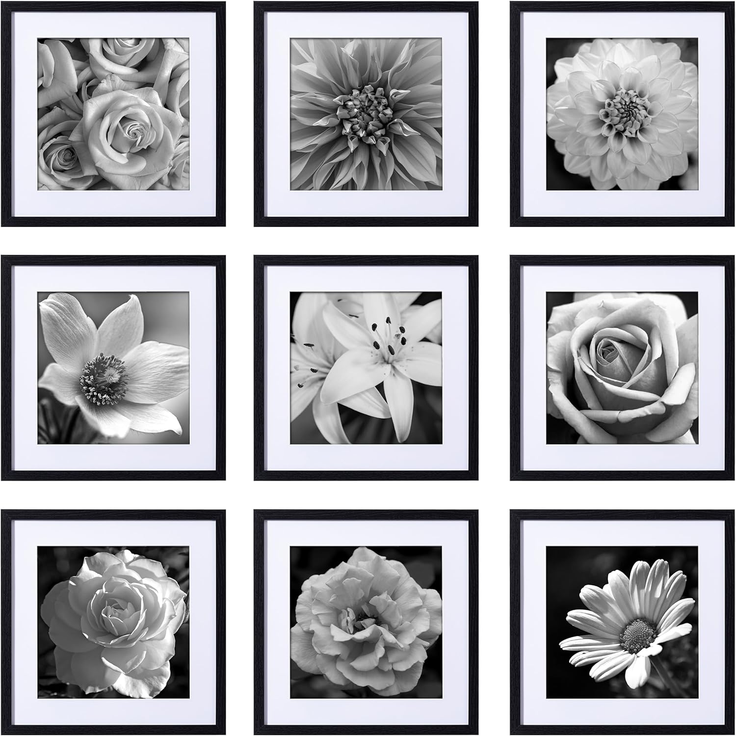 eletecpro 12x12 Picture Frames Set of 9 with Mat for 8x8 Photos or without Mat for 12x12, Square Gallery Wall Decor Collage for Picture Display, Black Frame Set for Wall Hanging