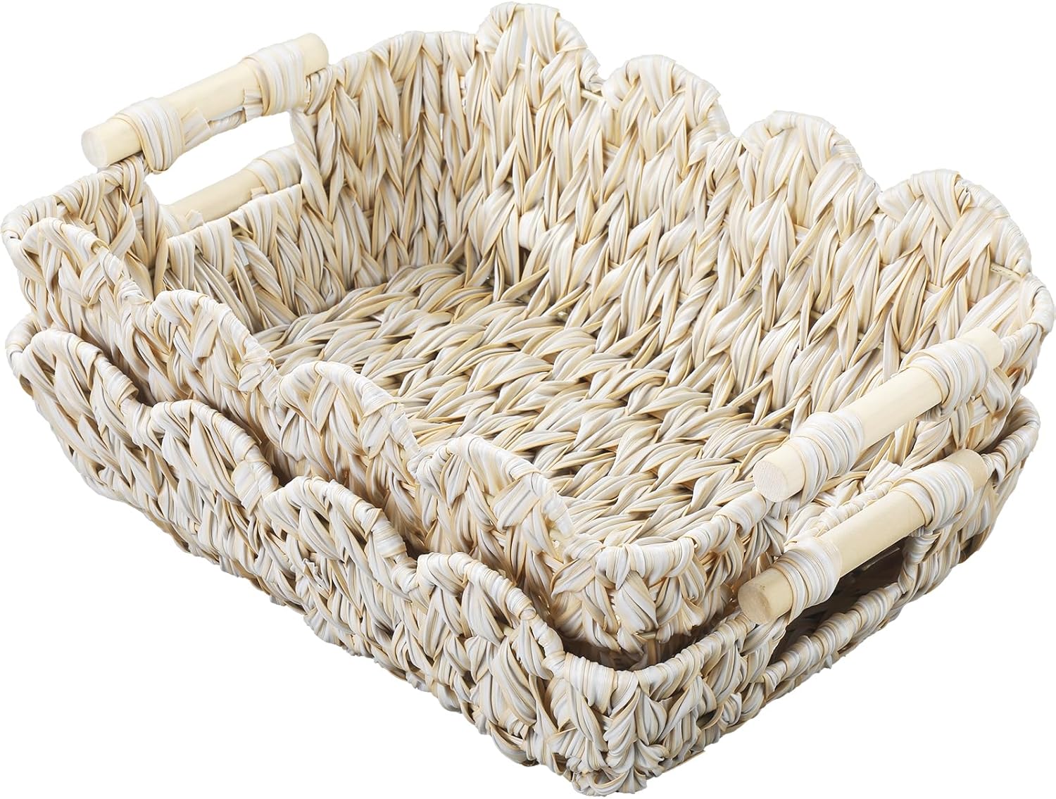 Wicker Basket,Scalloped Basket with Wooden Handle,Hand-Woven Water Hyacinth Storage Baskets for Organizing,Shelves,Snack,Gift,2 Pack