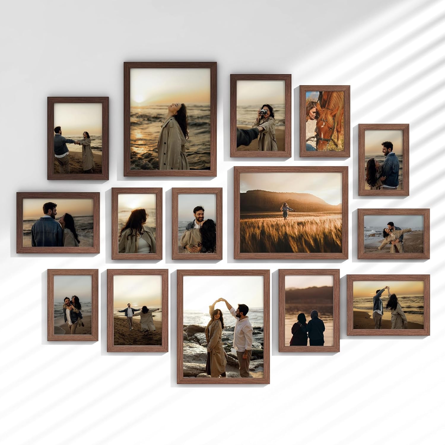 15 Pack Picture Frames Collage Wall Decor, Gallery Frame Set for Wall Mounting or Tabletop Display, Multi Sizes Including 3pcs 8x10, 6pcs 5x7, 6pcs 4x6, Oak