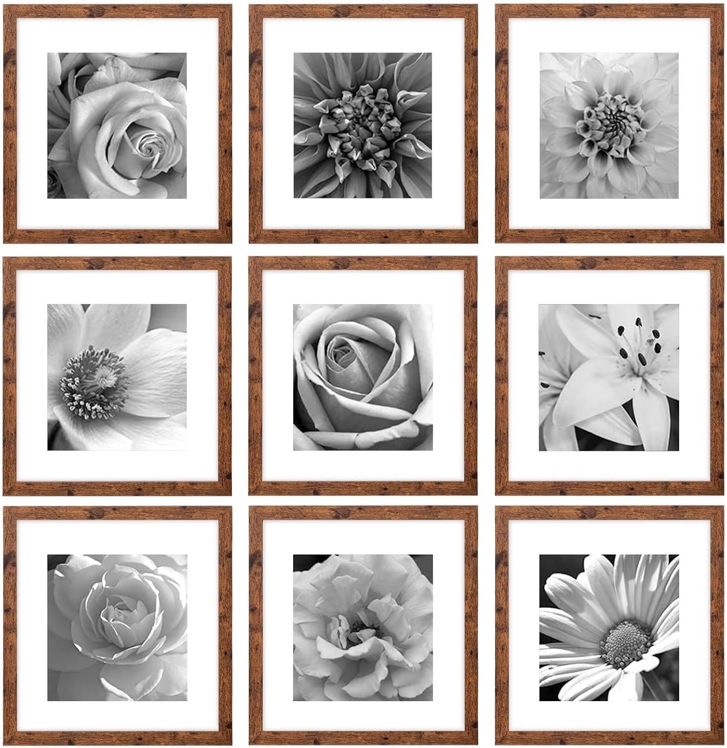 eletecpro 12x12 Picture Frames Set of 9 with Mat for 8x8 Photos or without Mat for 12x12, Square Gallery Wall Decor Collage for Picture Display, Black Frame Set for Wall Hanging