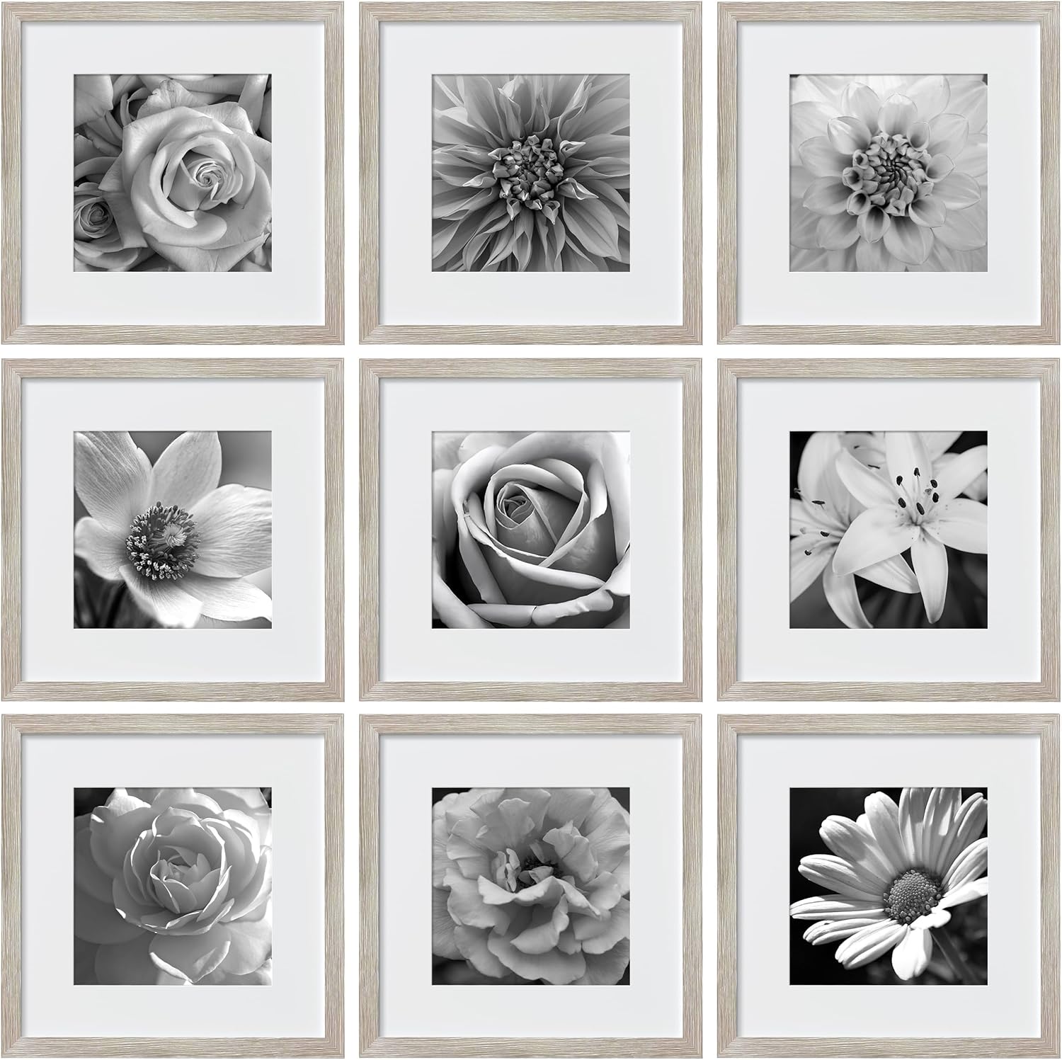 eletecpro 12x12 Picture Frames Set of 9 with Mat for 8x8 Photos or without Mat for 12x12, Square Gallery Wall Decor Collage for Picture Display, Black Frame Set for Wall Hanging