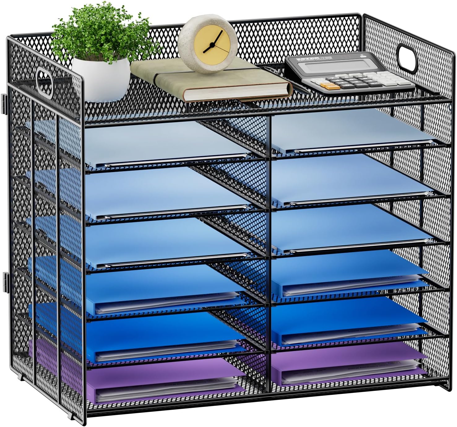 Lavatino 14 Compartments Paper Organizer for Desk, Mesh Literature Organizer, Mail File Sorter Tray with Handle, Desktop Mailbox for Office Classroom Home, Black