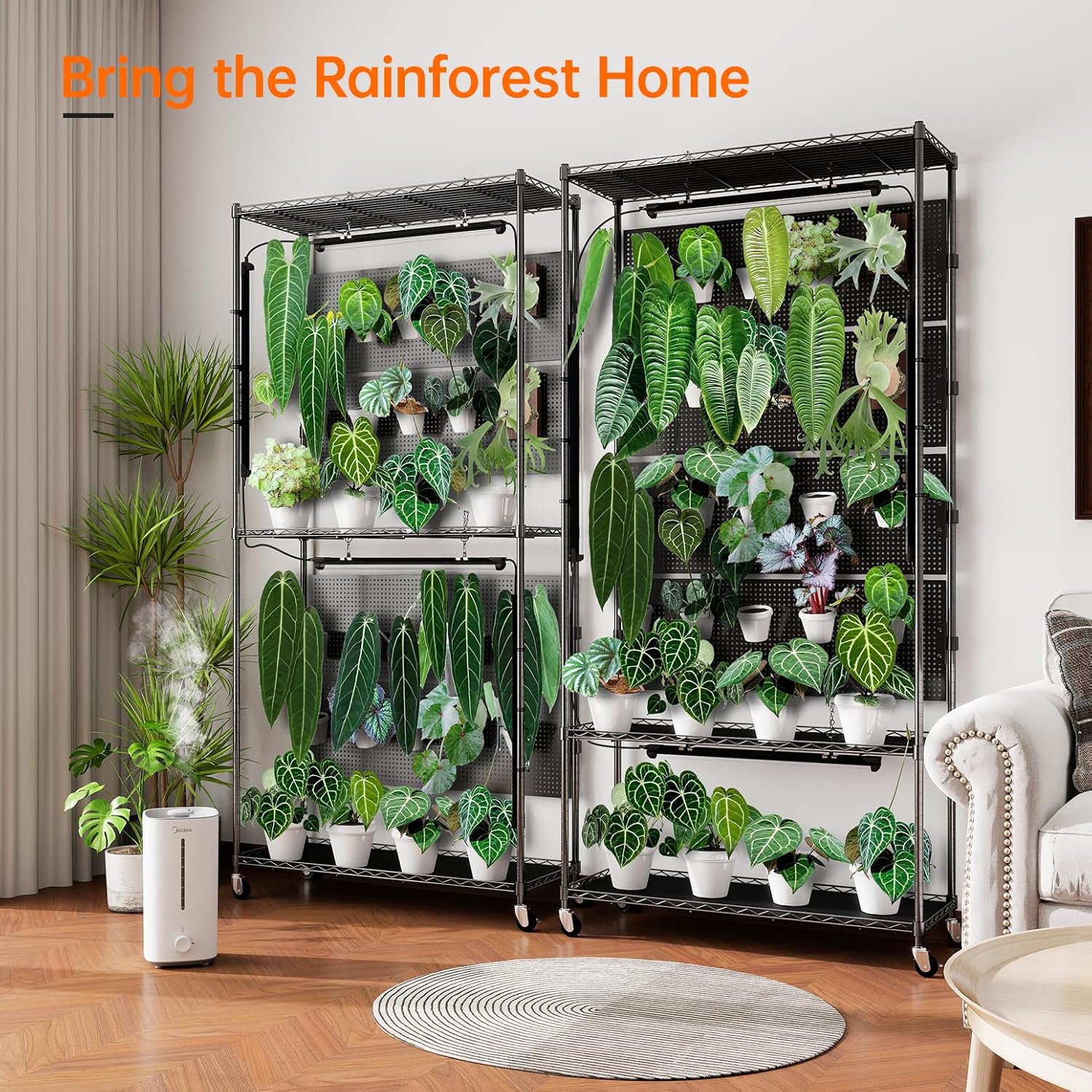 Bstrip Plant Shelf with Grow Light & 4 Pegboard, Metal Plant Stand with Adjustable Rack and Wheels, 4 x 24W Full Spectrum Grow Light Strip for Indoor Plants, Foliage Plants, Seedling, 35.4"x13.8"x71"