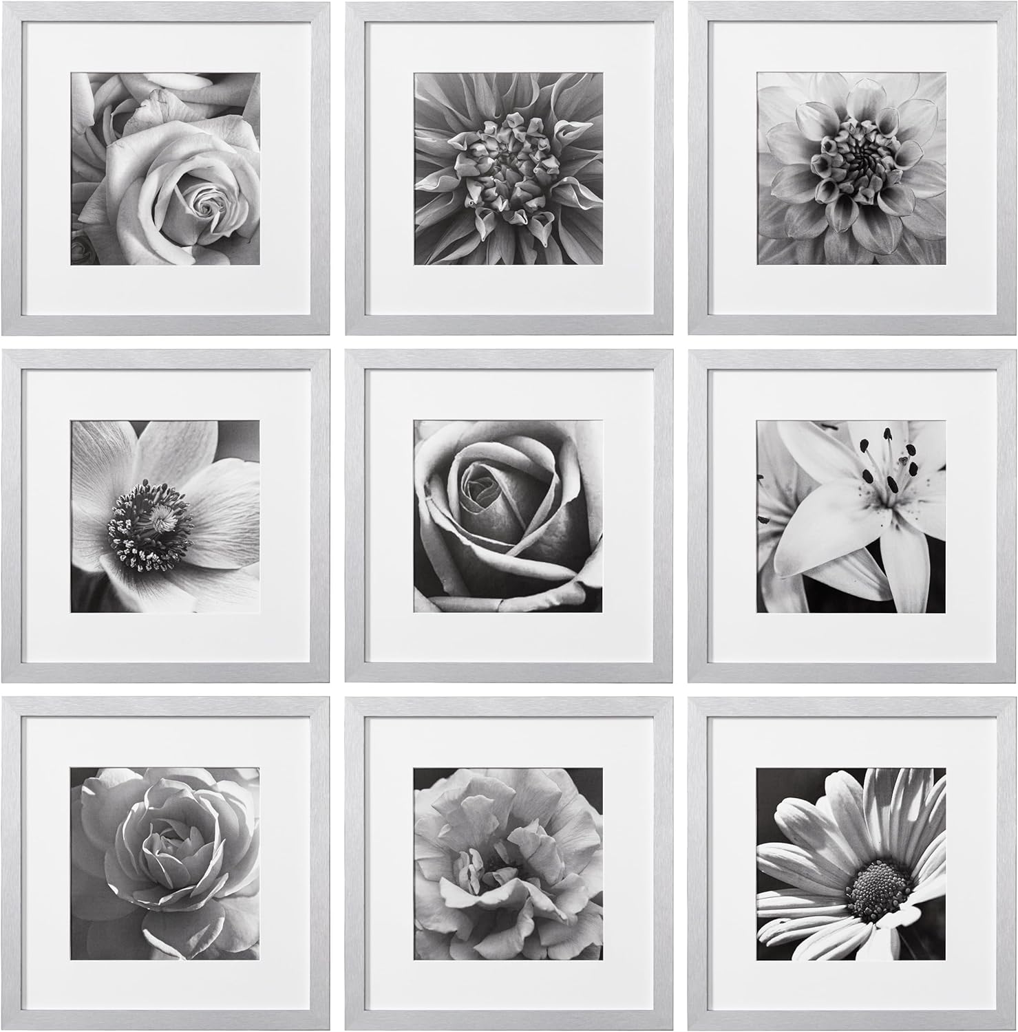 eletecpro 12x12 Picture Frames Set of 9 with Mat for 8x8 Photos or without Mat for 12x12, Square Gallery Wall Decor Collage for Picture Display, Black Frame Set for Wall Hanging
