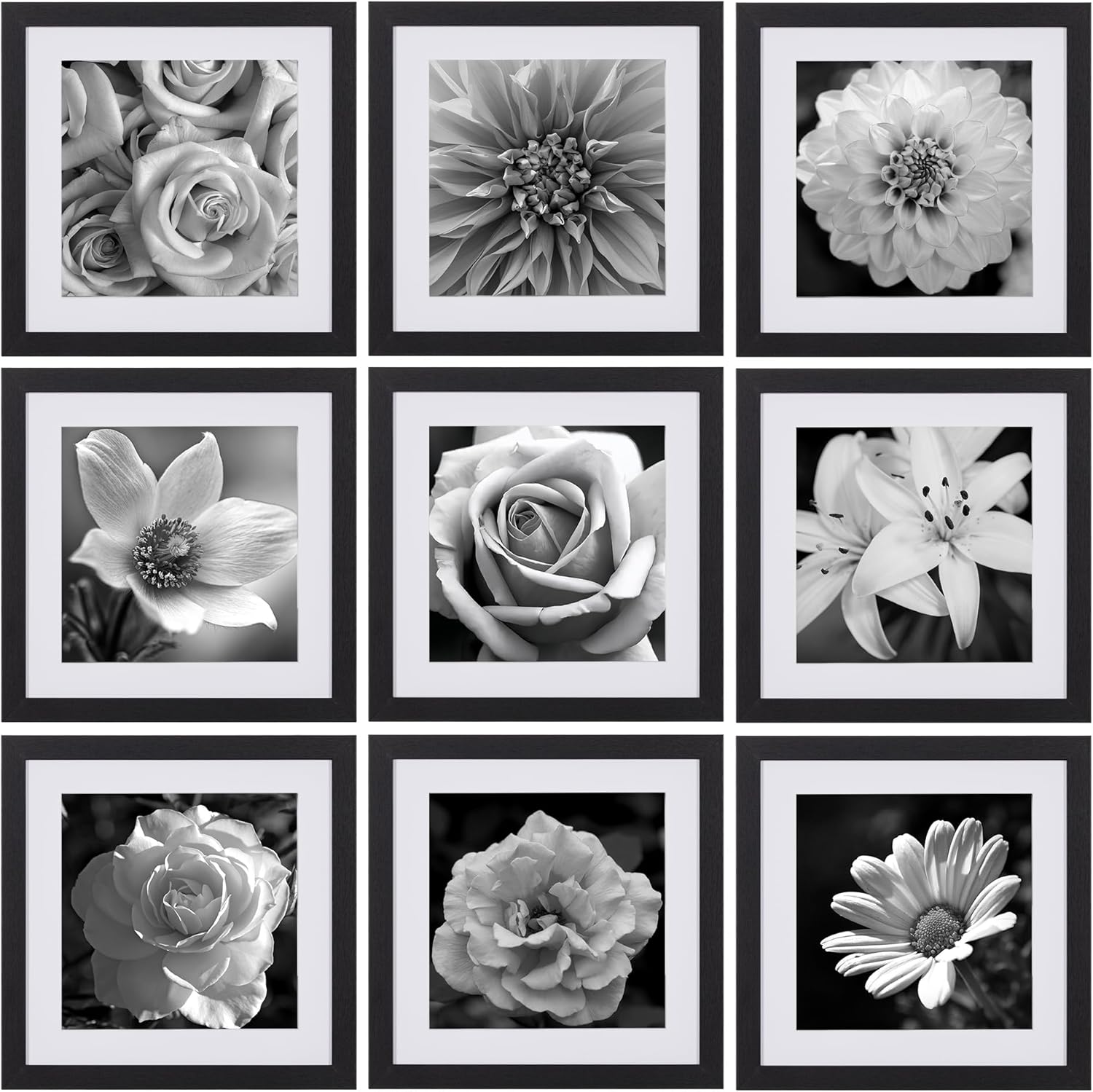 eletecpro 12x12 Picture Frames Set of 9 with Mat for 8x8 Photos or without Mat for 12x12, Square Gallery Wall Decor Collage for Picture Display, Black Frame Set for Wall Hanging