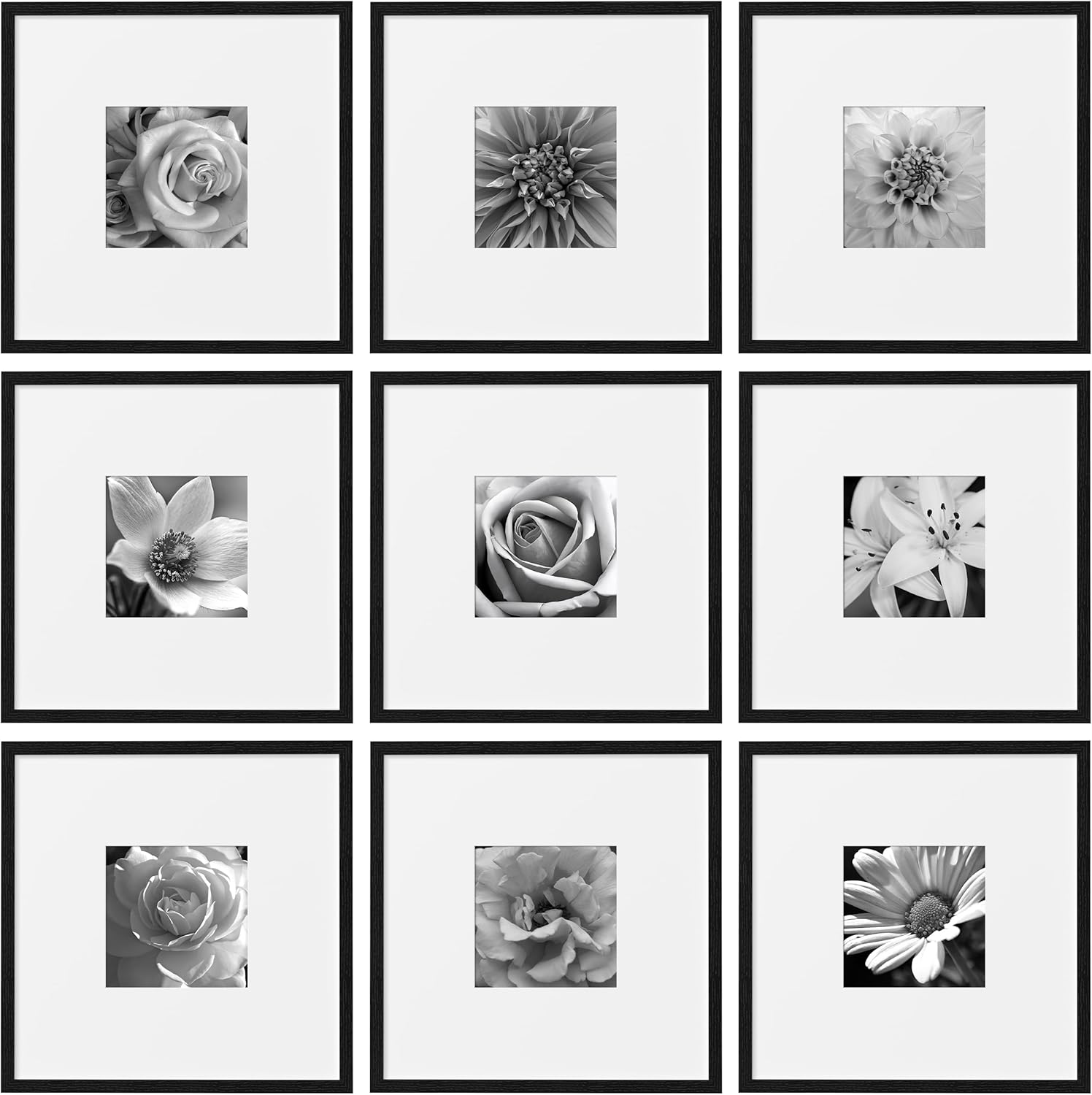 eletecpro 12x12 Picture Frames Set of 9 with Mat for 8x8 Photos or without Mat for 12x12, Square Gallery Wall Decor Collage for Picture Display, Black Frame Set for Wall Hanging