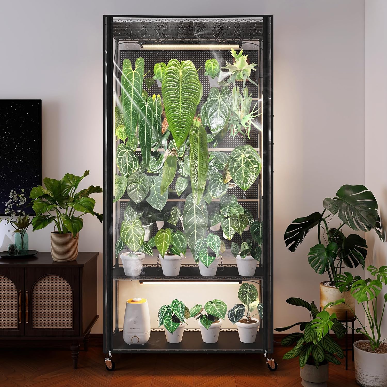 Bstrip Plant Shelf with Grow Light & 4 Pegboard, Metal Plant Stand with Adjustable Rack and Wheels, 4 x 24W Full Spectrum Grow Light Strip for Indoor Plants, Foliage Plants, Seedling, 35.4"x13.8"x71"