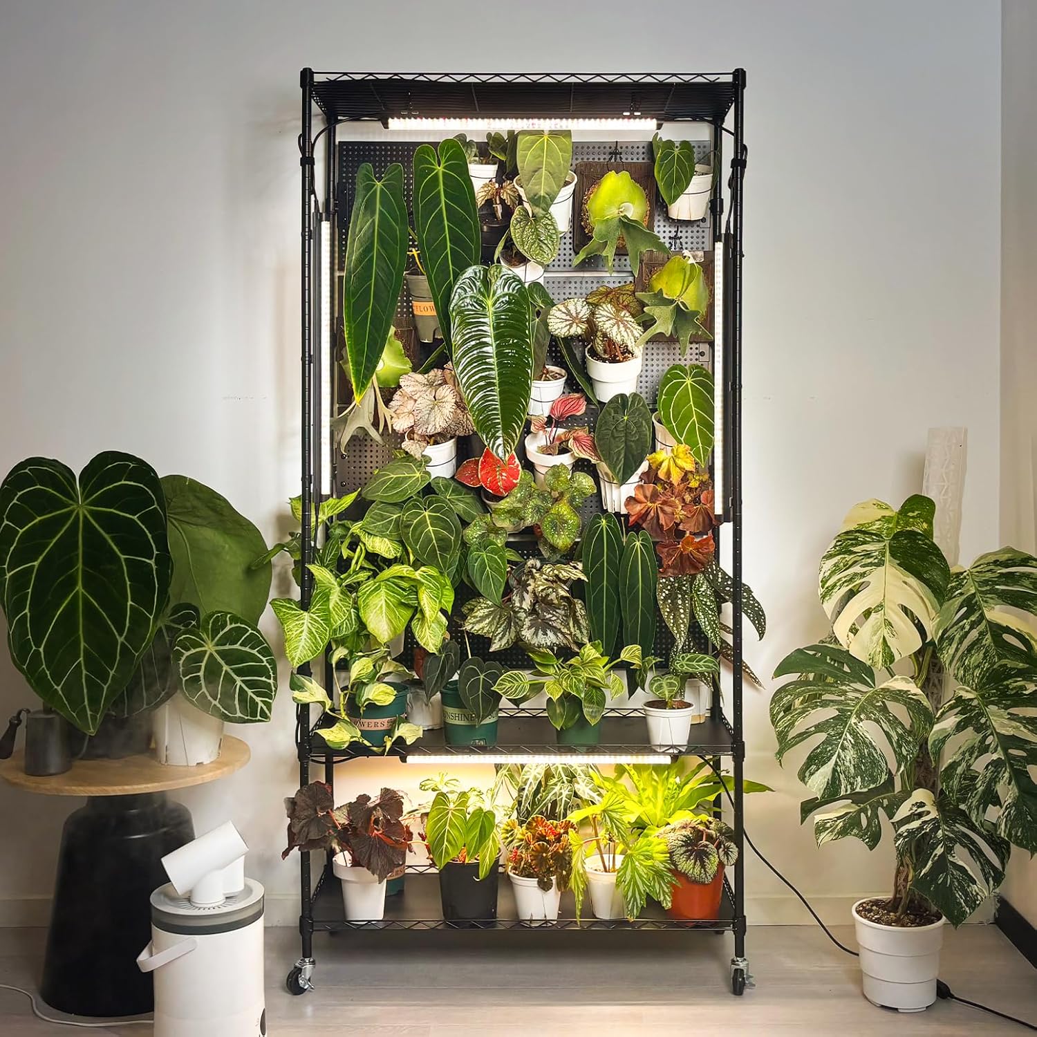 Bstrip Plant Shelf with Grow Light & 4 Pegboard, Metal Plant Stand with Adjustable Rack and Wheels, 4 x 24W Full Spectrum Grow Light Strip for Indoor Plants, Foliage Plants, Seedling, 35.4"x13.8"x71"