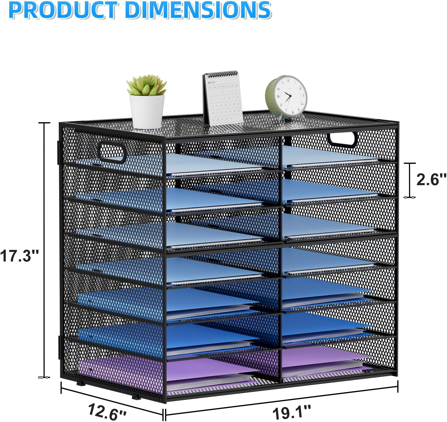 Lavatino 14 Compartments Paper Organizer for Desk, Mesh Literature Organizer, Mail File Sorter Tray with Handle, Desktop Mailbox for Office Classroom Home, Black