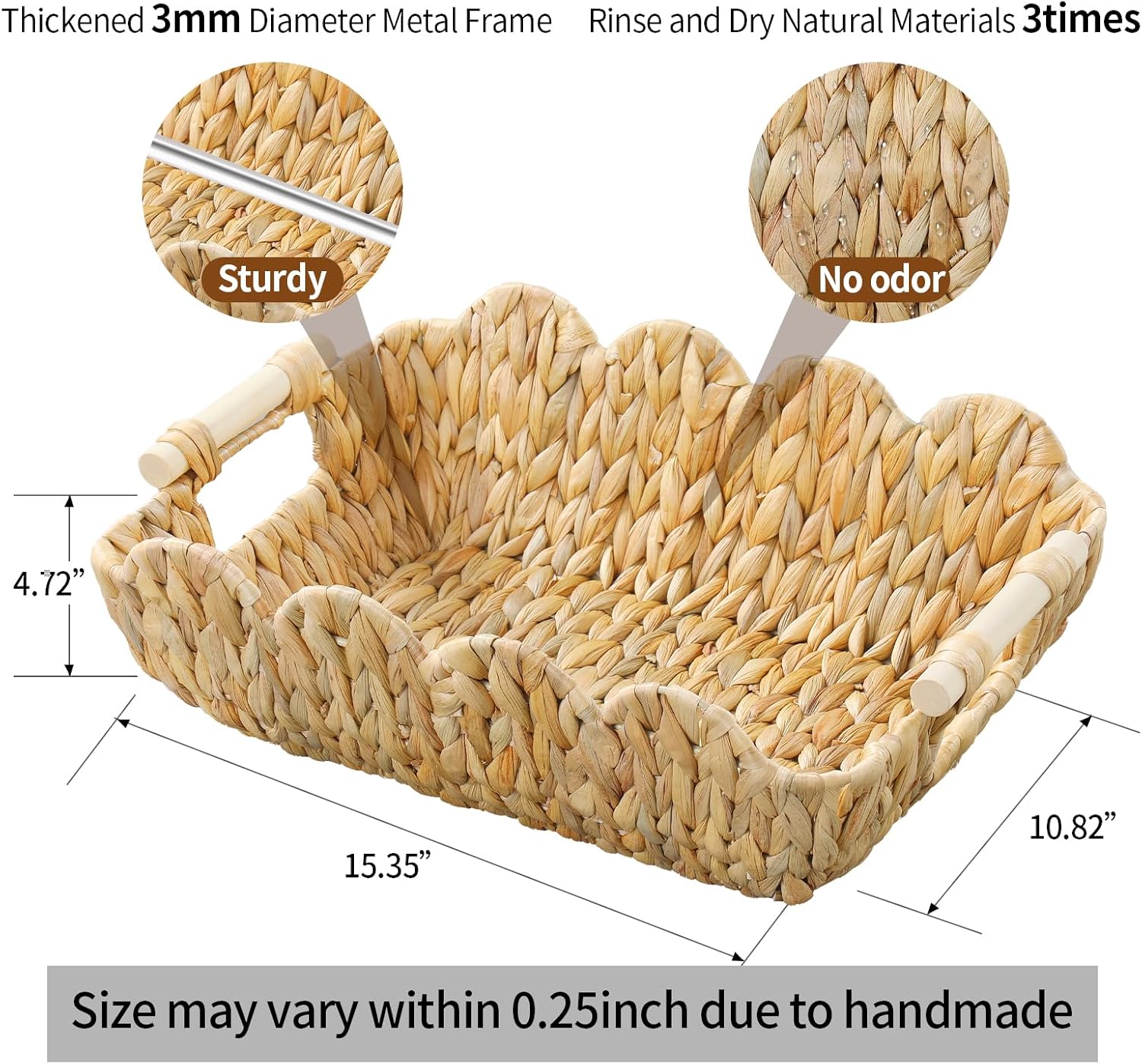 Wicker Basket,Scalloped Basket with Wooden Handle,Hand-Woven Water Hyacinth Storage Baskets for Organizing,Shelves,Snack,Gift,2 Pack