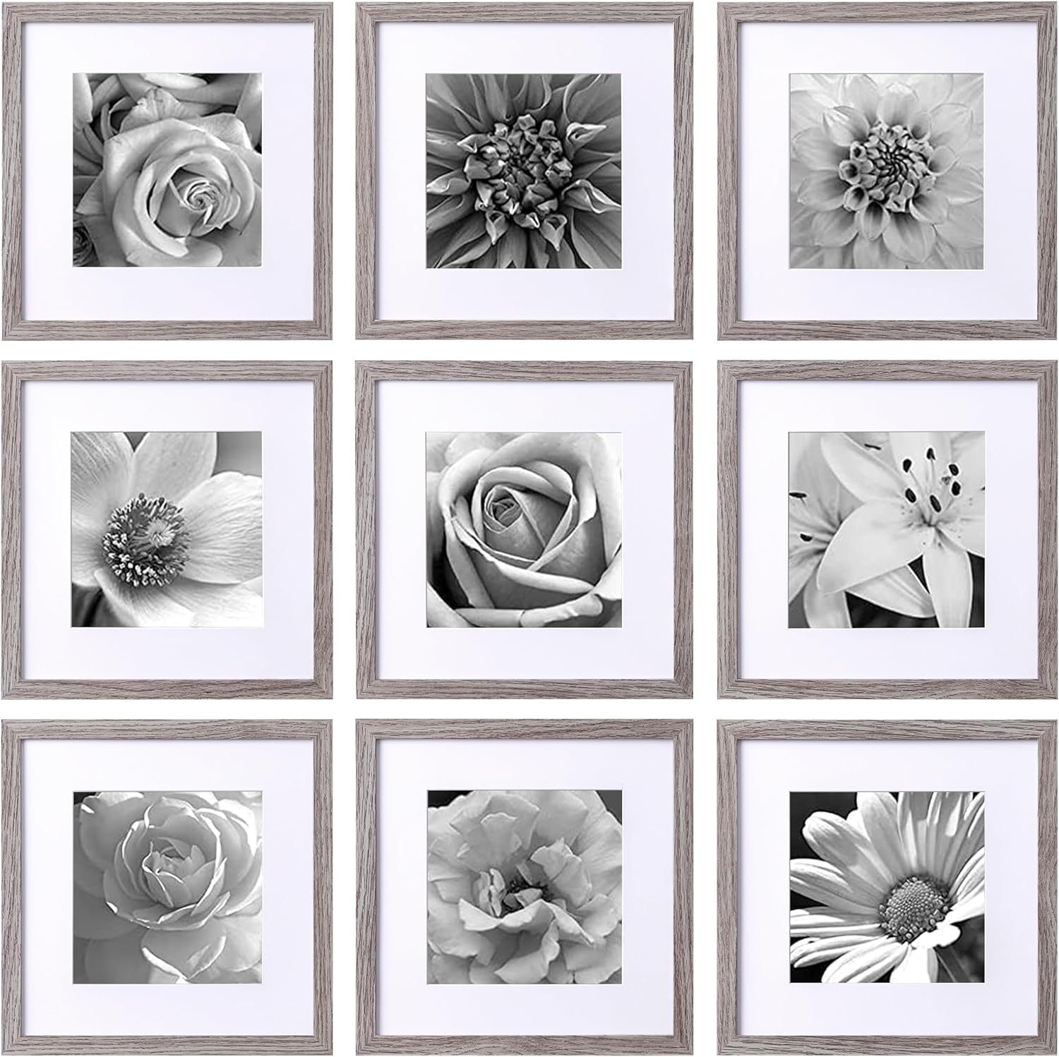 eletecpro 12x12 Picture Frames Set of 9 with Mat for 8x8 Photos or without Mat for 12x12, Square Gallery Wall Decor Collage for Picture Display, Black Frame Set for Wall Hanging