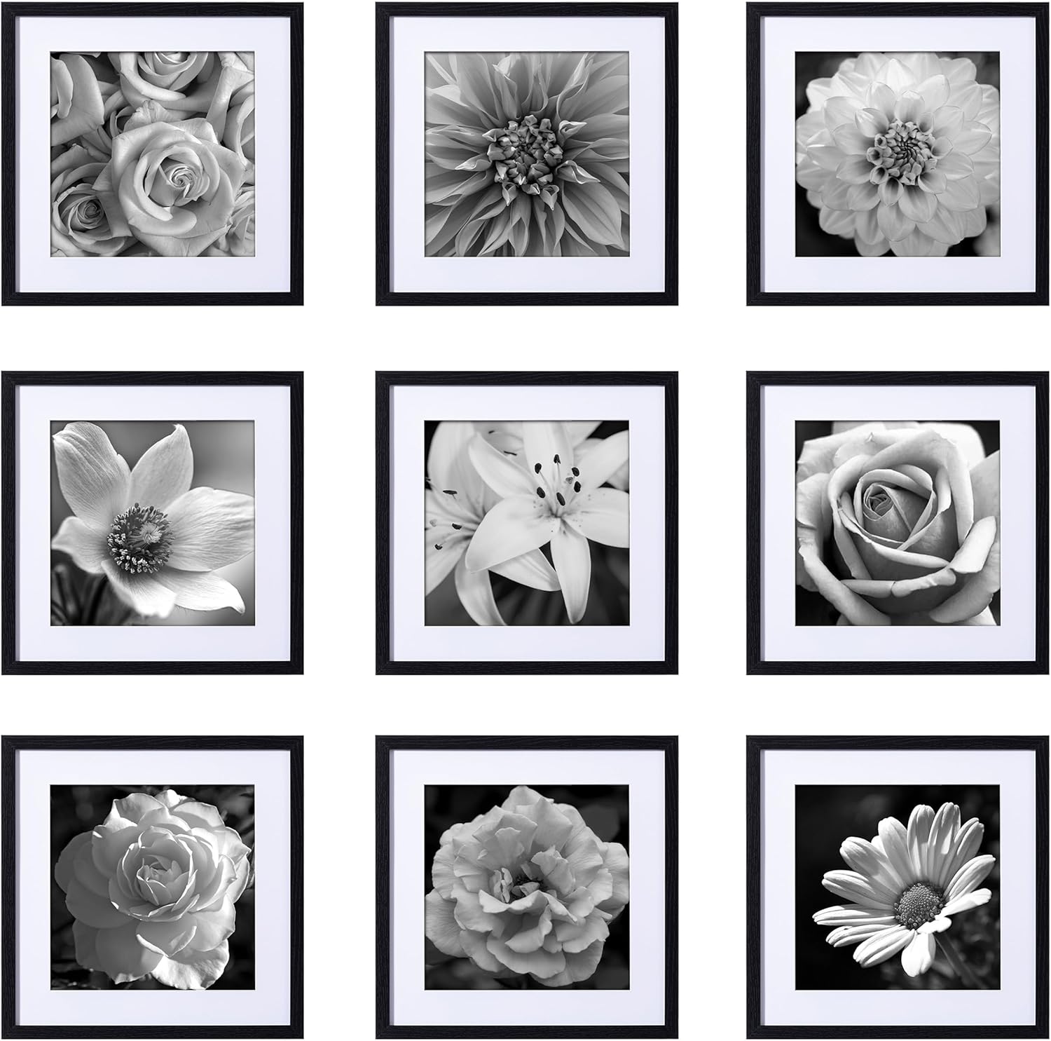 eletecpro 12x12 Picture Frames Set of 9 with Mat for 8x8 Photos or without Mat for 12x12, Square Gallery Wall Decor Collage for Picture Display, Black Frame Set for Wall Hanging