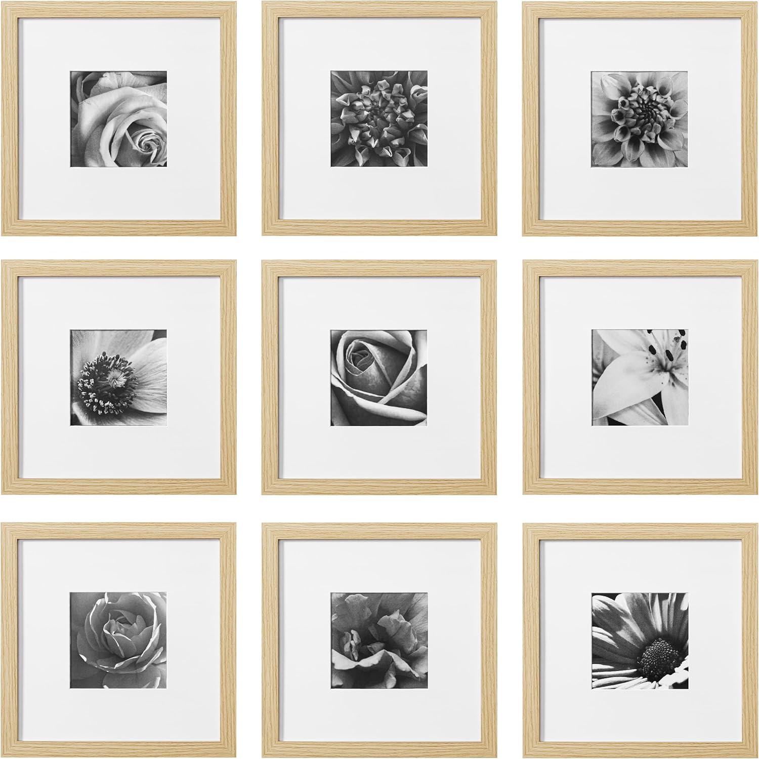 eletecpro 12x12 Picture Frames Set of 9 with Mat for 8x8 Photos or without Mat for 12x12, Square Gallery Wall Decor Collage for Picture Display, Black Frame Set for Wall Hanging