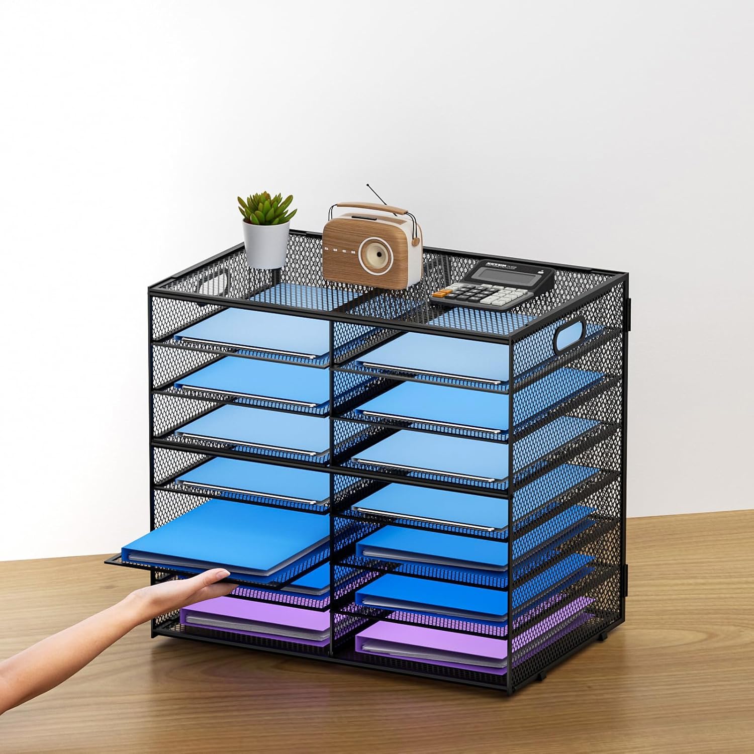 Lavatino 14 Compartments Paper Organizer for Desk, Mesh Literature Organizer, Mail File Sorter Tray with Handle, Desktop Mailbox for Office Classroom Home, Black