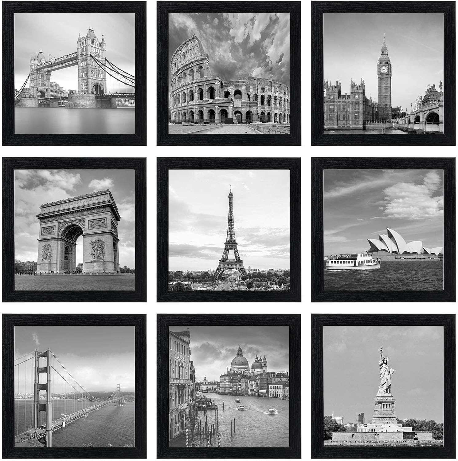 eletecpro 12x12 Picture Frames Set of 9 with Mat for 8x8 Photos or without Mat for 12x12, Square Gallery Wall Decor Collage for Picture Display, Black Frame Set for Wall Hanging