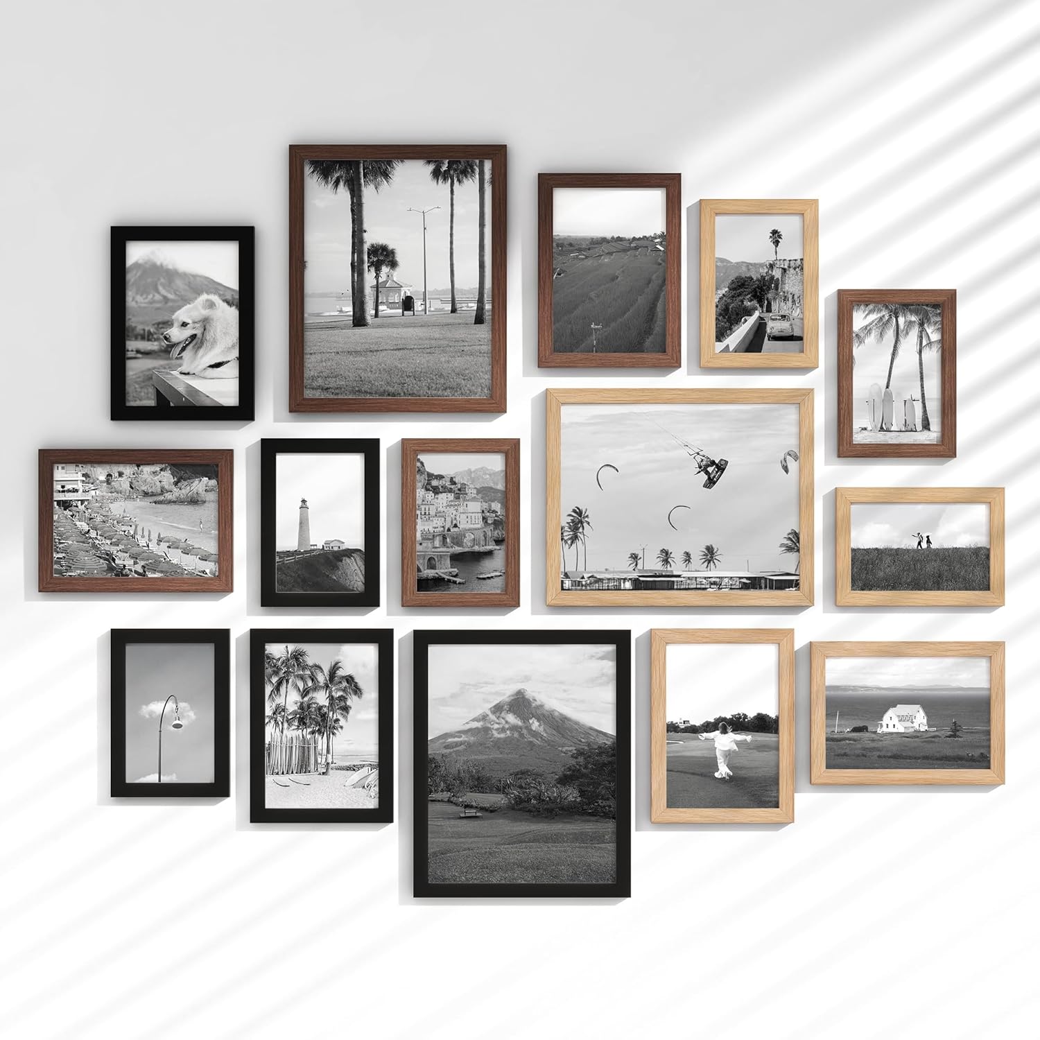 15 Pack Picture Frames Collage Wall Decor, Gallery Frame Set for Wall Mounting or Tabletop Display, Multi Sizes Including 3pcs 8x10, 6pcs 5x7, 6pcs 4x6, Oak