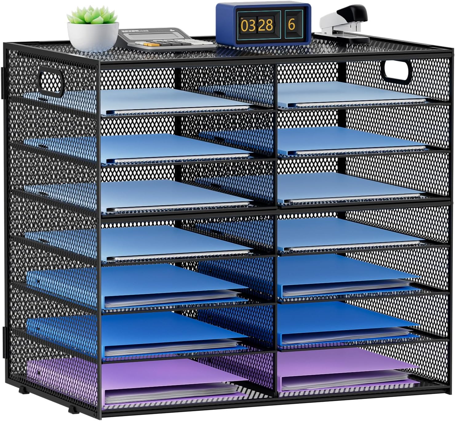 Lavatino 14 Compartments Paper Organizer for Desk, Mesh Literature Organizer, Mail File Sorter Tray with Handle, Desktop Mailbox for Office Classroom Home, Black