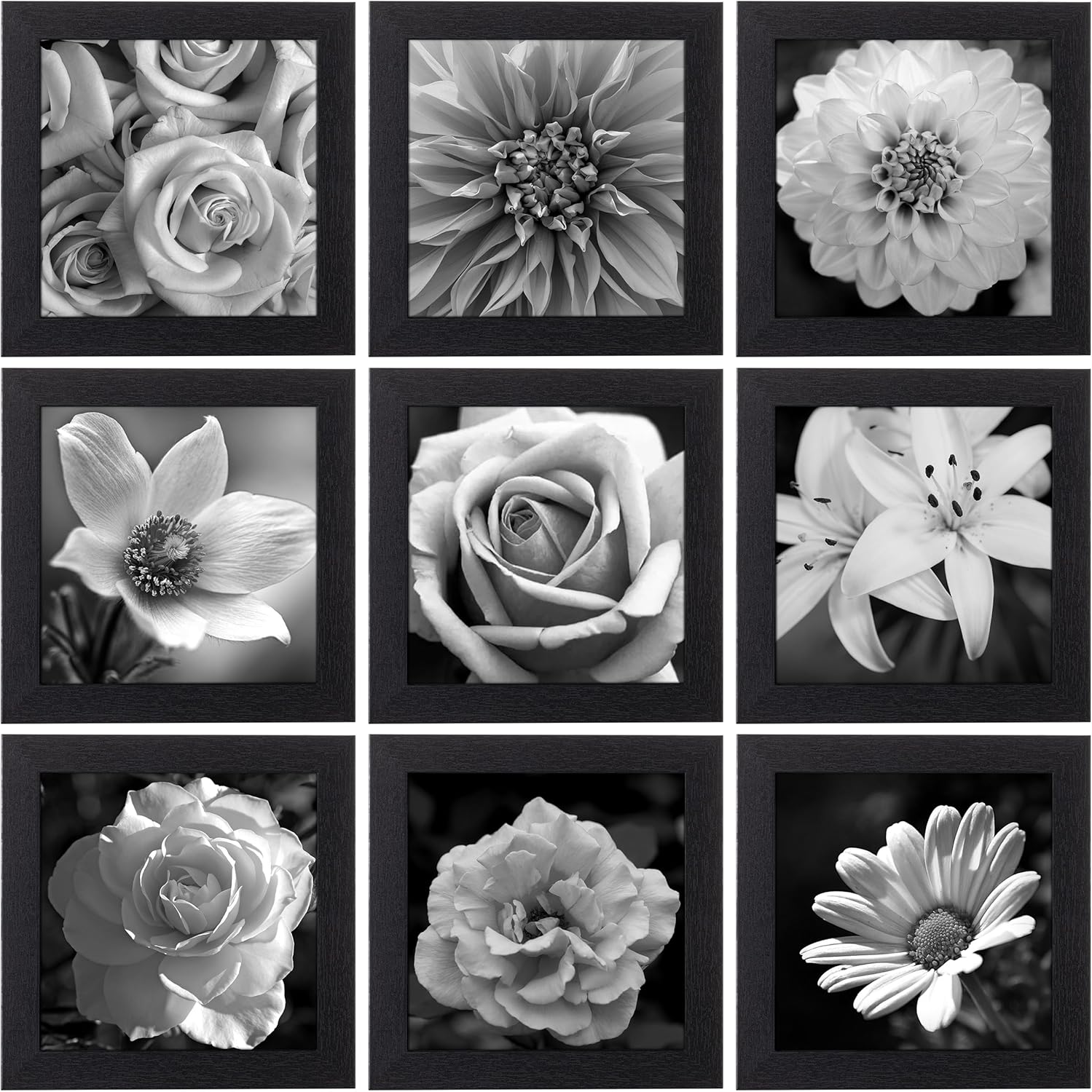 eletecpro 12x12 Picture Frames Set of 9 with Mat for 8x8 Photos or without Mat for 12x12, Square Gallery Wall Decor Collage for Picture Display, Black Frame Set for Wall Hanging