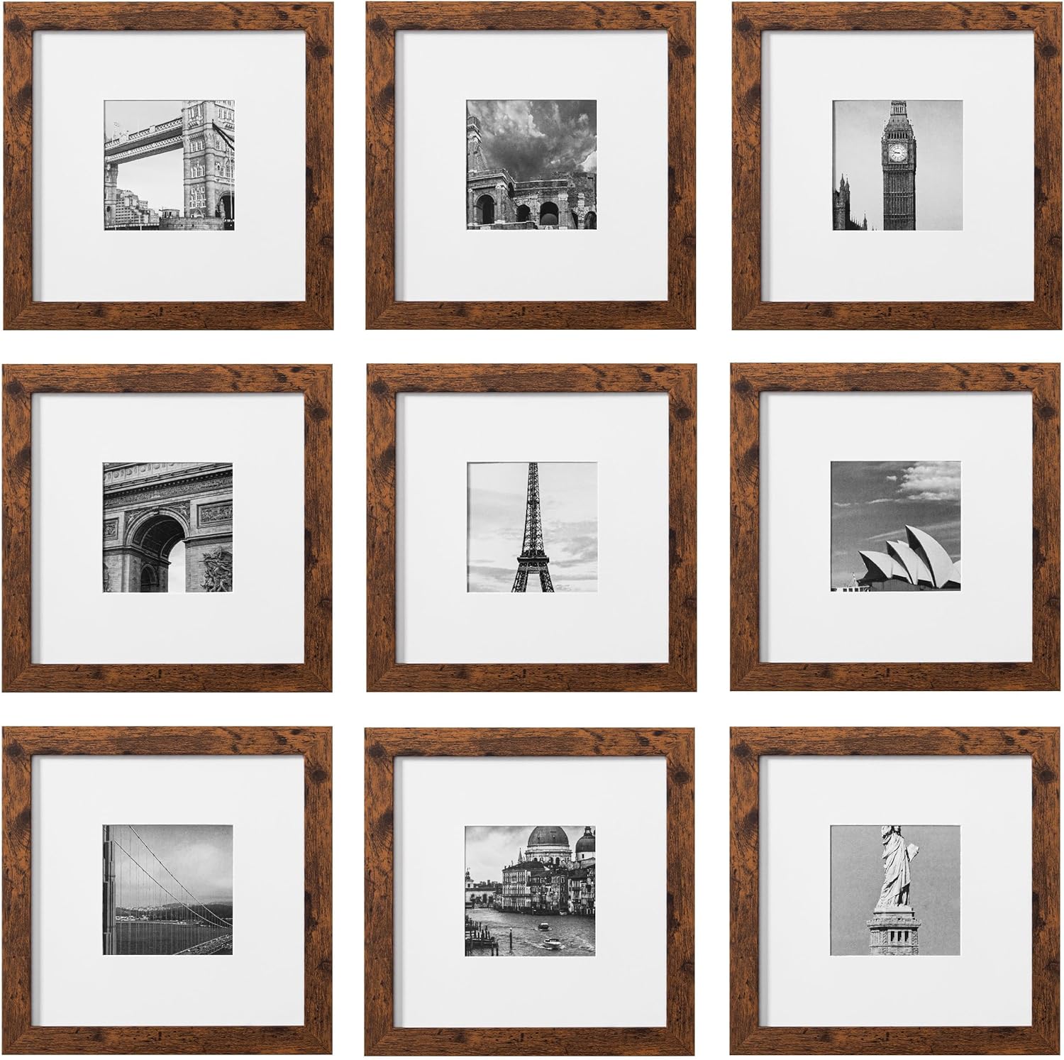 eletecpro 12x12 Picture Frames Set of 9 with Mat for 8x8 Photos or without Mat for 12x12, Square Gallery Wall Decor Collage for Picture Display, Black Frame Set for Wall Hanging