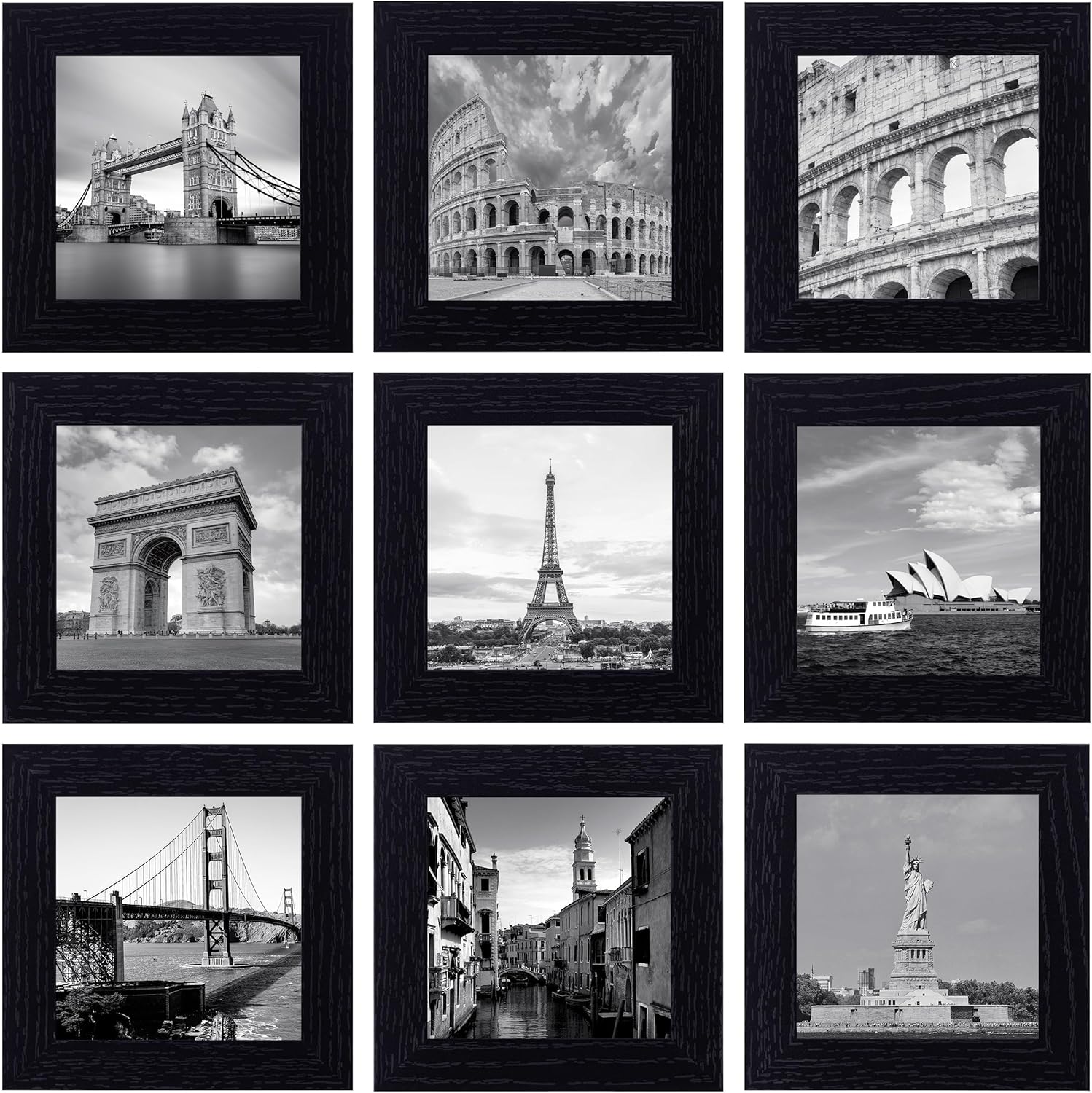 eletecpro 12x12 Picture Frames Set of 9 with Mat for 8x8 Photos or without Mat for 12x12, Square Gallery Wall Decor Collage for Picture Display, Black Frame Set for Wall Hanging