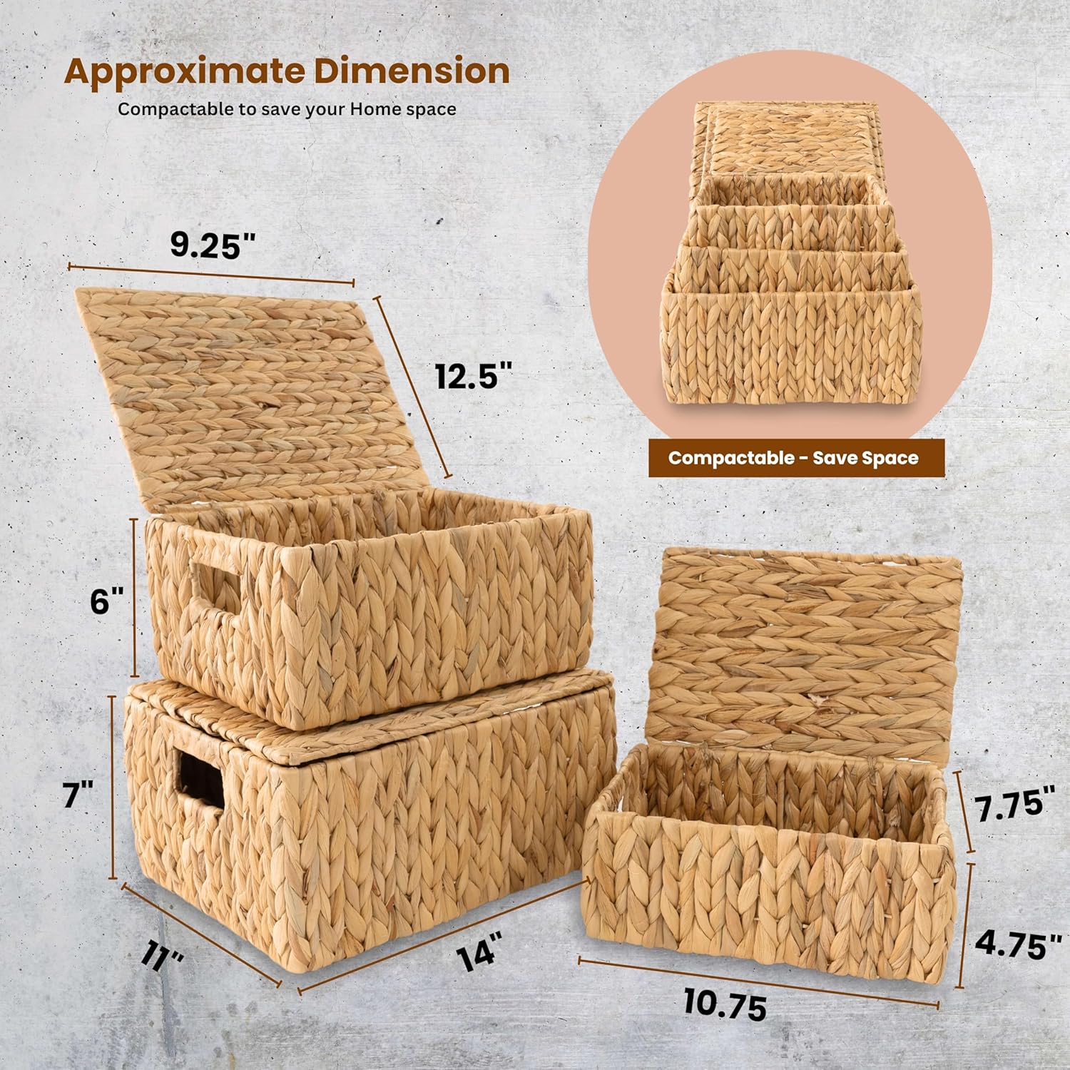 Wicker Storage Baskets with Lid, Set 3 Basket With Lid Decorative Storage Rectangle Wicker Storage Basket Large Rattan Storage Box Hyacinth Baskets