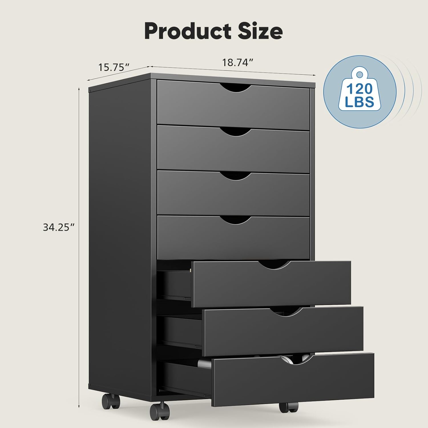 OLIXIS 7 Drawer Mobile File Cabinet Under Desk Storage Organization with Wheels Vertical Filing Chest Rolling Wood Small Desk Printer Stand for Home Office, 15.75"D x 18.74"W x 34.25"H, Black