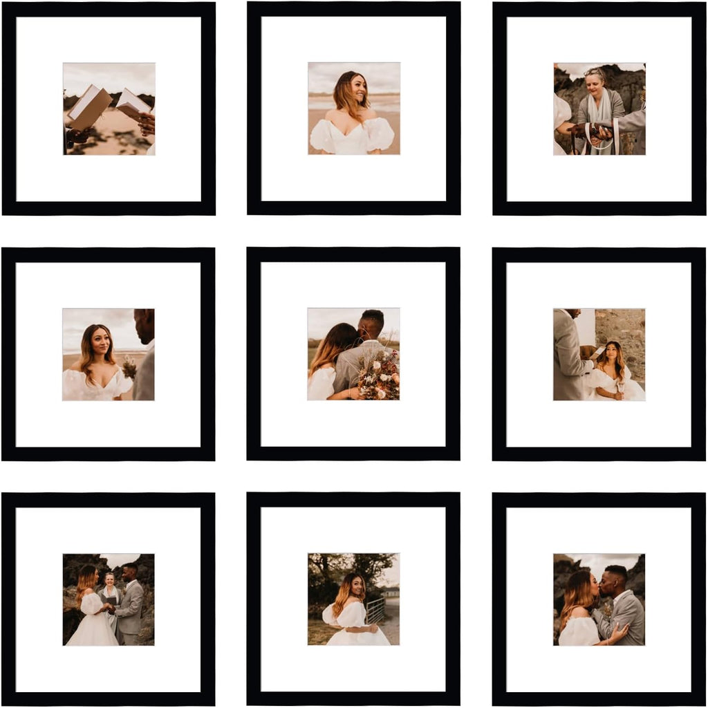 12x12 Picture Frame Set of 9, Display Pictures 8x8 with Mat or 12x12 without Mat, Multi Collage Gallery Square Photo Frames for Wall or Tabletop, Black