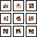 12x12 Picture Frame Set of 9, Display Pictures 8x8 with Mat or 12x12 without Mat, Multi Collage Gallery Square Photo Frames for Wall or Tabletop, Black