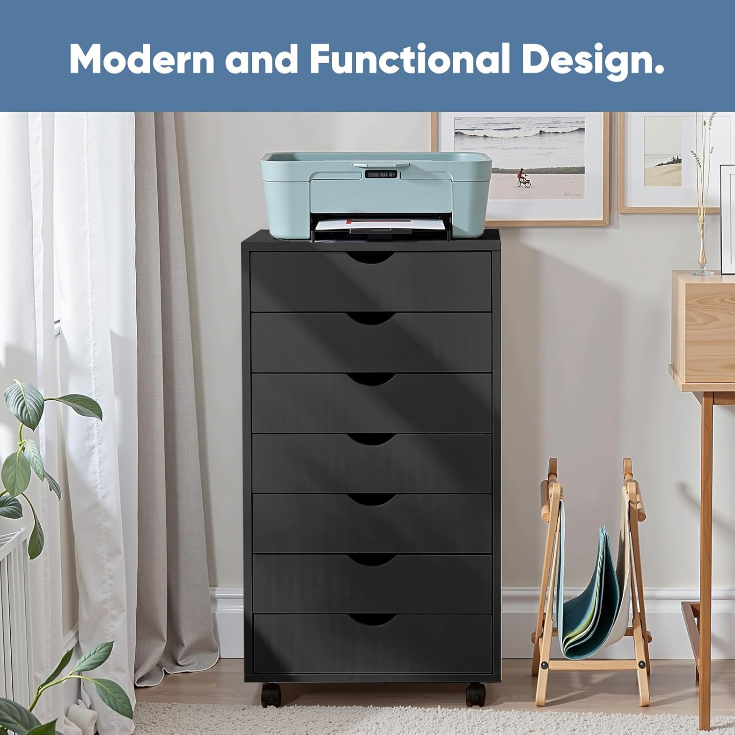 OLIXIS 7 Drawer Mobile File Cabinet Under Desk Storage Organization with Wheels Vertical Filing Chest Rolling Wood Small Desk Printer Stand for Home Office, 15.75"D x 18.74"W x 34.25"H, Black