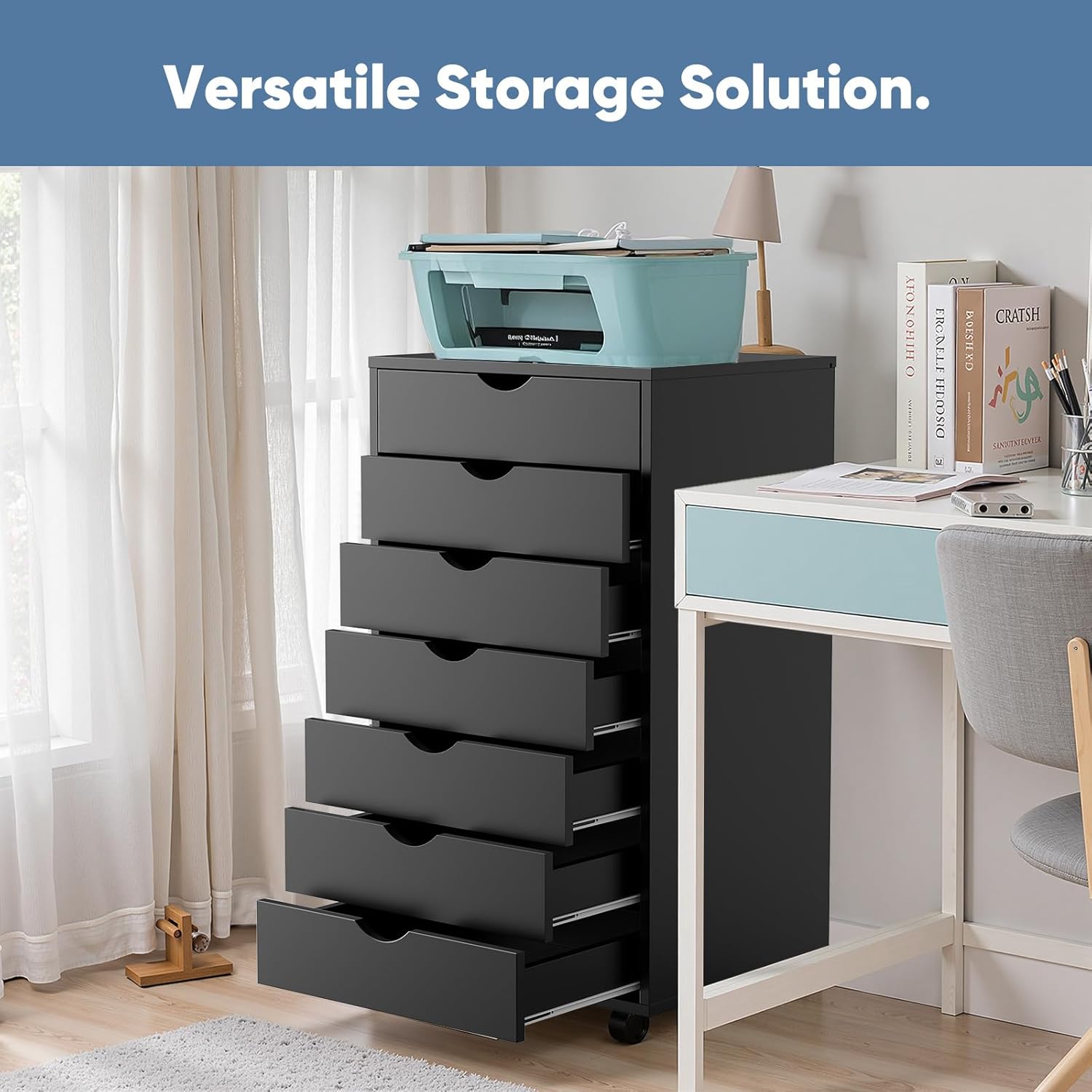 OLIXIS 7 Drawer Mobile File Cabinet Under Desk Storage Organization with Wheels Vertical Filing Chest Rolling Wood Small Desk Printer Stand for Home Office, 15.75"D x 18.74"W x 34.25"H, Black