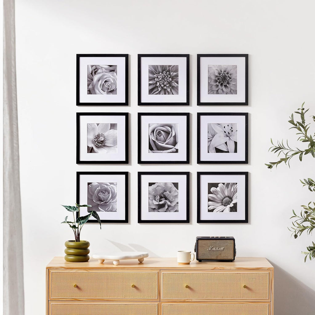 eletecpro 12x12 Picture Frames Set of 9 with Mat for 8x8 Photos or without Mat for 12x12, Square Gallery Wall Decor Collage for Picture Display, Black Frame Set for Wall Hanging
