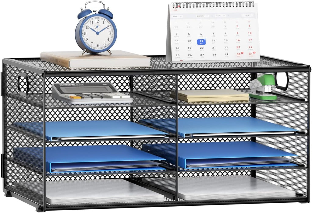 Lavatino 14 Compartments Paper Organizer for Desk, Mesh Literature Organizer, Mail File Sorter Tray with Handle, Desktop Mailbox for Office Classroom Home, Black