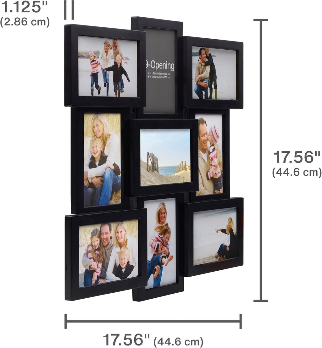 Melannco 18 x 18 Inch 9 Opening Photo Collage Frame, Displays Four 4x6 and Five 6x4 Inch Photos, Black