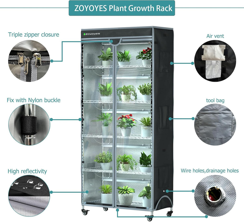 Plant Shelf Greenhouse with Grow Light, 6-Tiered Plant Stand with 5 Sets T8 Grow Lights and Cover, Thermometer, Timer, for Seedling Cultivation Reproduction Flowering, 30" L x 14" W x 72" H