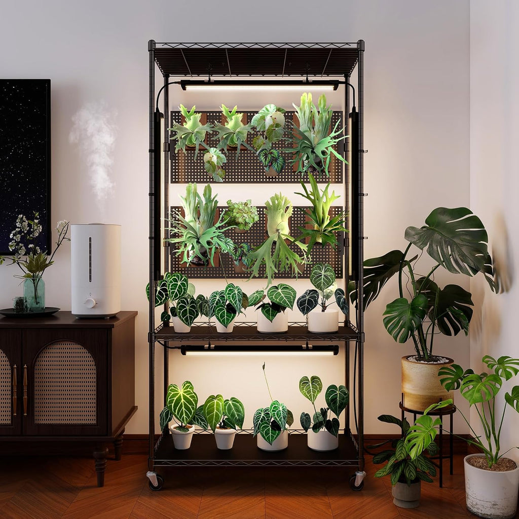 Bstrip Plant Shelf with Grow Light & Pegboard, Metal Plant Stand with Adjustable Rack and Wheels, 4 x 24W Full Spectrum Grow Light Strip for Indoor Plants, Foliage Plants, Seedling, 29.5"x13.8"x59"
