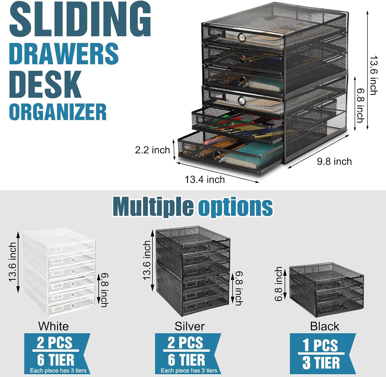 Zhanmai 2 Pcs Desk Organizer with Drawer Total 6 Tiers, Wire Mesh Organizers Tray Multifunctional Paper Sorter File Stand for Home Office Supplies Storage Letter A4 Paper Office Accessories(Black)