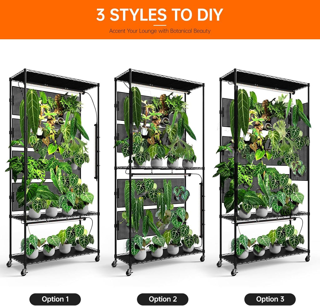 Bstrip Plant Shelf with Grow Light & 4 Pegboard, Metal Plant Stand with Adjustable Rack and Wheels, 4 x 24W Full Spectrum Grow Light Strip for Indoor Plants, Foliage Plants, Seedling, 35.4"x13.8"x71"