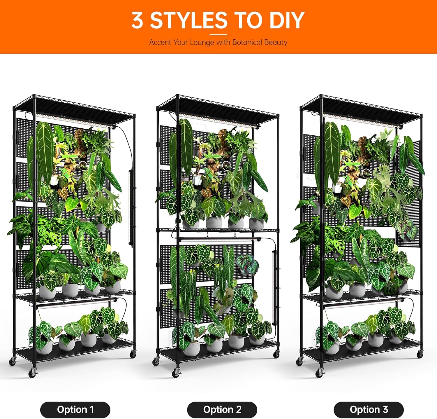 Bstrip Plant Shelf with Grow Light & 4 Pegboard, Metal Plant Stand with Adjustable Rack and Wheels, 4 x 24W Full Spectrum Grow Light Strip for Indoor Plants, Foliage Plants, Seedling, 35.4"x13.8"x71"