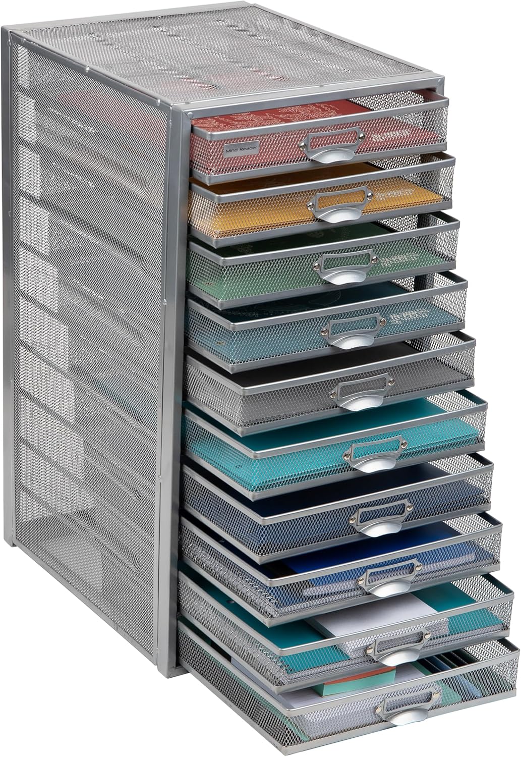 Mind Reader 10-Drawer Desk Organizer for Office Supplies, Crafts, Mail Sorting & More, Metal Mesh, 10.75"L x 14"W x 21.25"H, Black