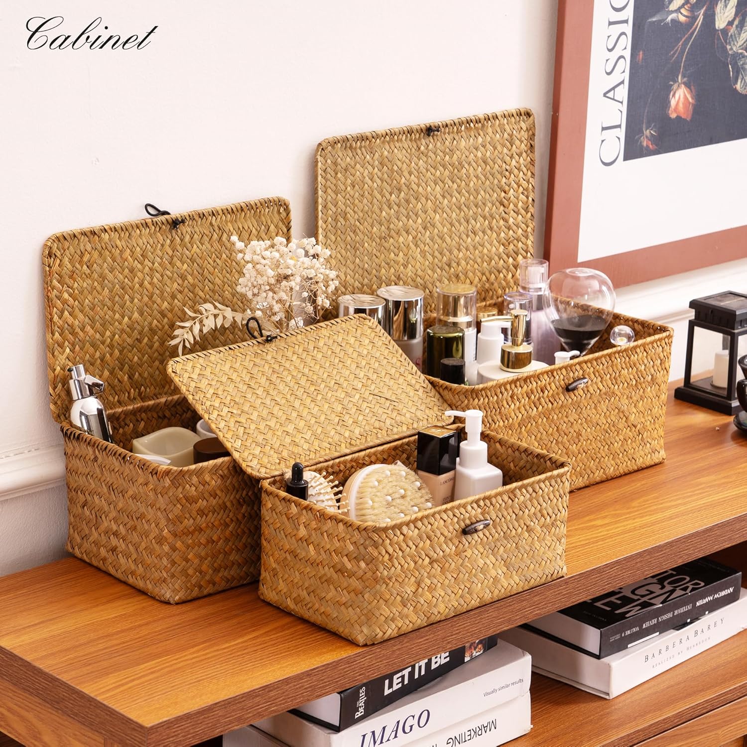 Nonam Handwoven Natural Seagrass Bin with Lid, Set of 3, Shelf Baskets Multipurpose Container for Boho Decoration, Rectangular Household Storage Boxes for Home Organization