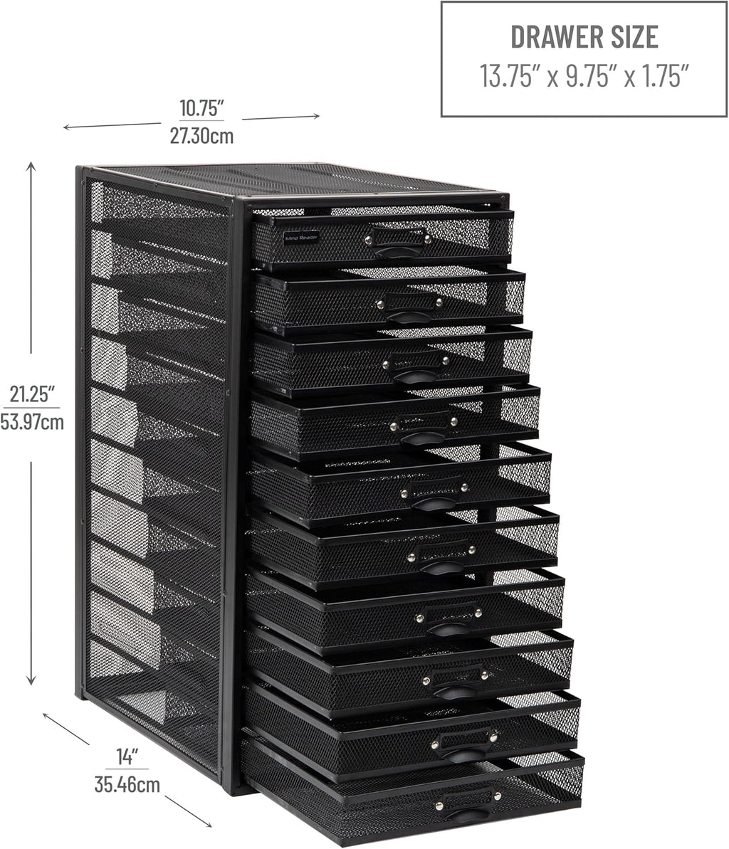 Mind Reader 10-Drawer Desk Organizer for Office Supplies, Crafts, Mail Sorting & More, Metal Mesh, 10.75"L x 14"W x 21.25"H, Black