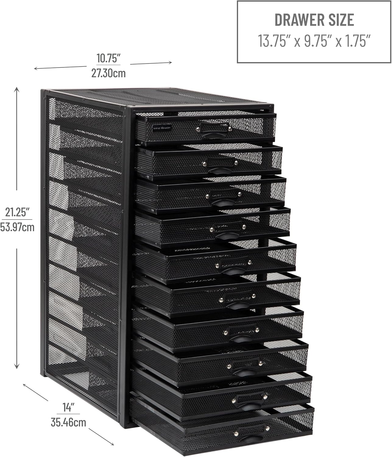 Mind Reader 10-Drawer Desk Organizer for Office Supplies, Crafts, Mail Sorting & More, Metal Mesh, 10.75"L x 14"W x 21.25"H, Black