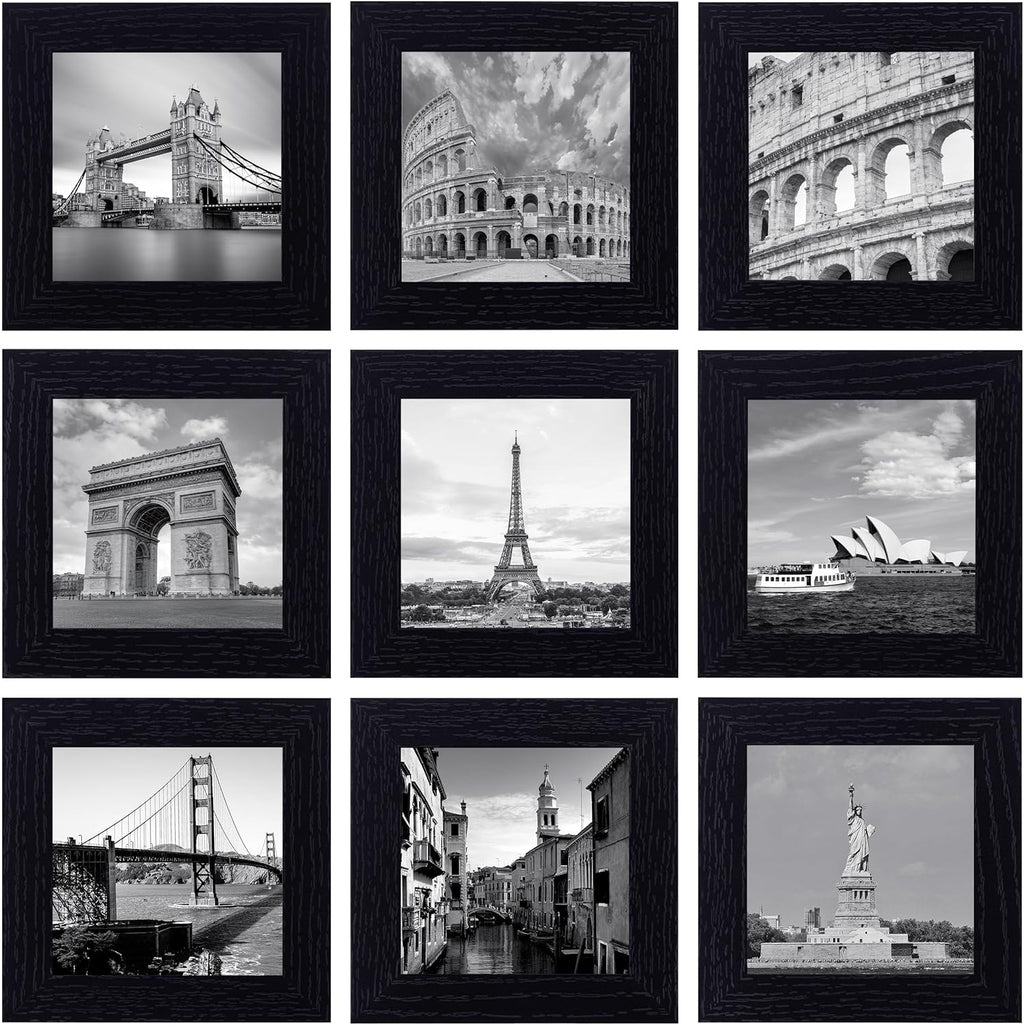 eletecpro 12x12 Picture Frames Set of 9 with Mat for 8x8 Photos or without Mat for 12x12, Square Gallery Wall Decor Collage for Picture Display, Black Frame Set for Wall Hanging